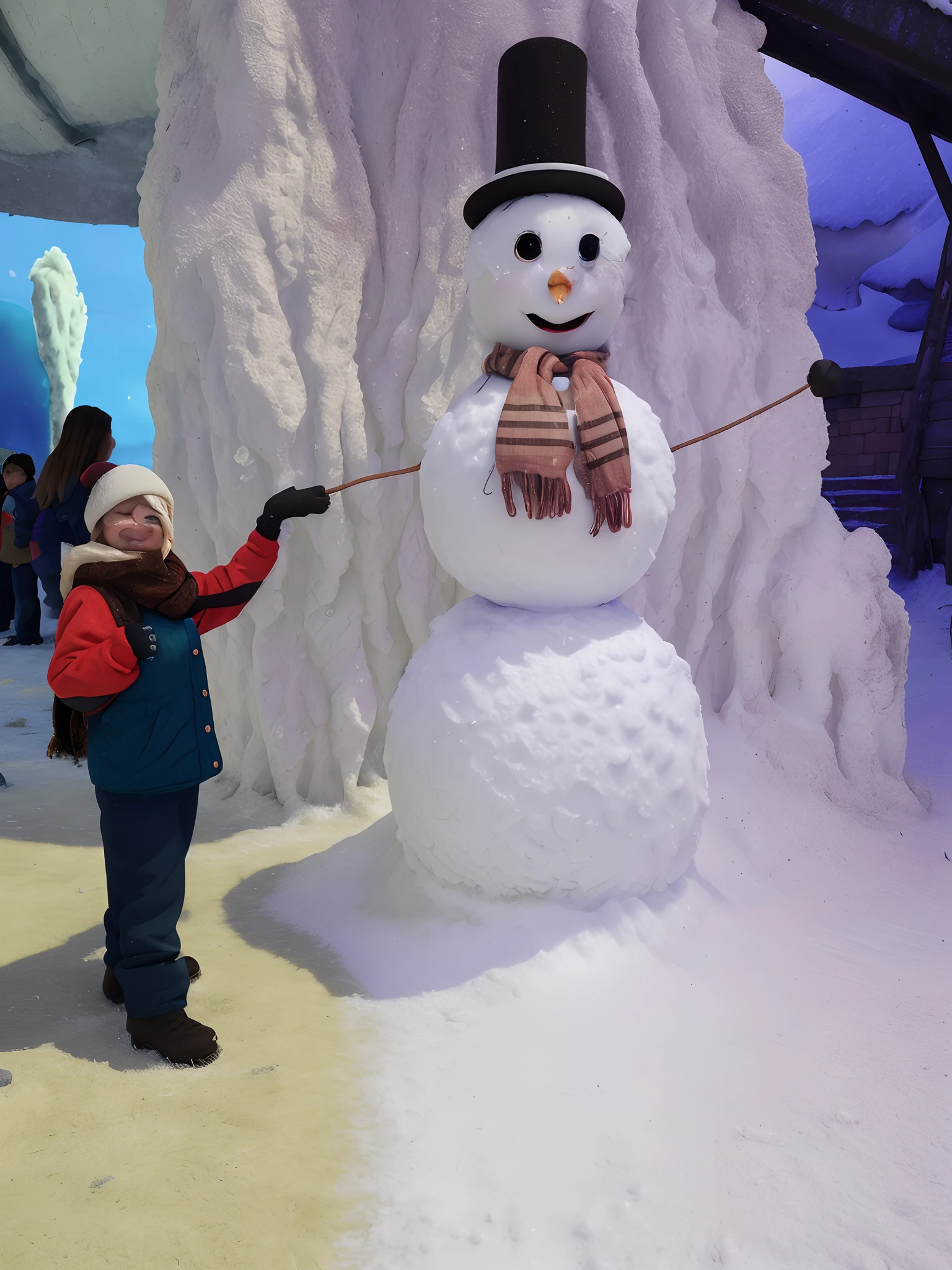 (best quality,4k,Altas),menina com casacos, echarpe, and snow hat holding hands with a snowman,fundo nevado branco,paisagem de neve, Olhos detalhados, Detailed lips,inverno,expression joyful,Casacos grossos,wool scarf,knit hat,frisky,Lovely,luz suave,menina feliz,menina sorridente,Holding hands,paisagem branca,geado,neve bonita,crisp air,Brisk walking,Fun in the snow,Magical Winter,bochechas rosadas,luvas coloridas,ambiente aconchegante,winter wonderland,festive spirit,lutas de bola de neve,Children's laughter,coberto de neve,Tranquil setting,momento emocionante