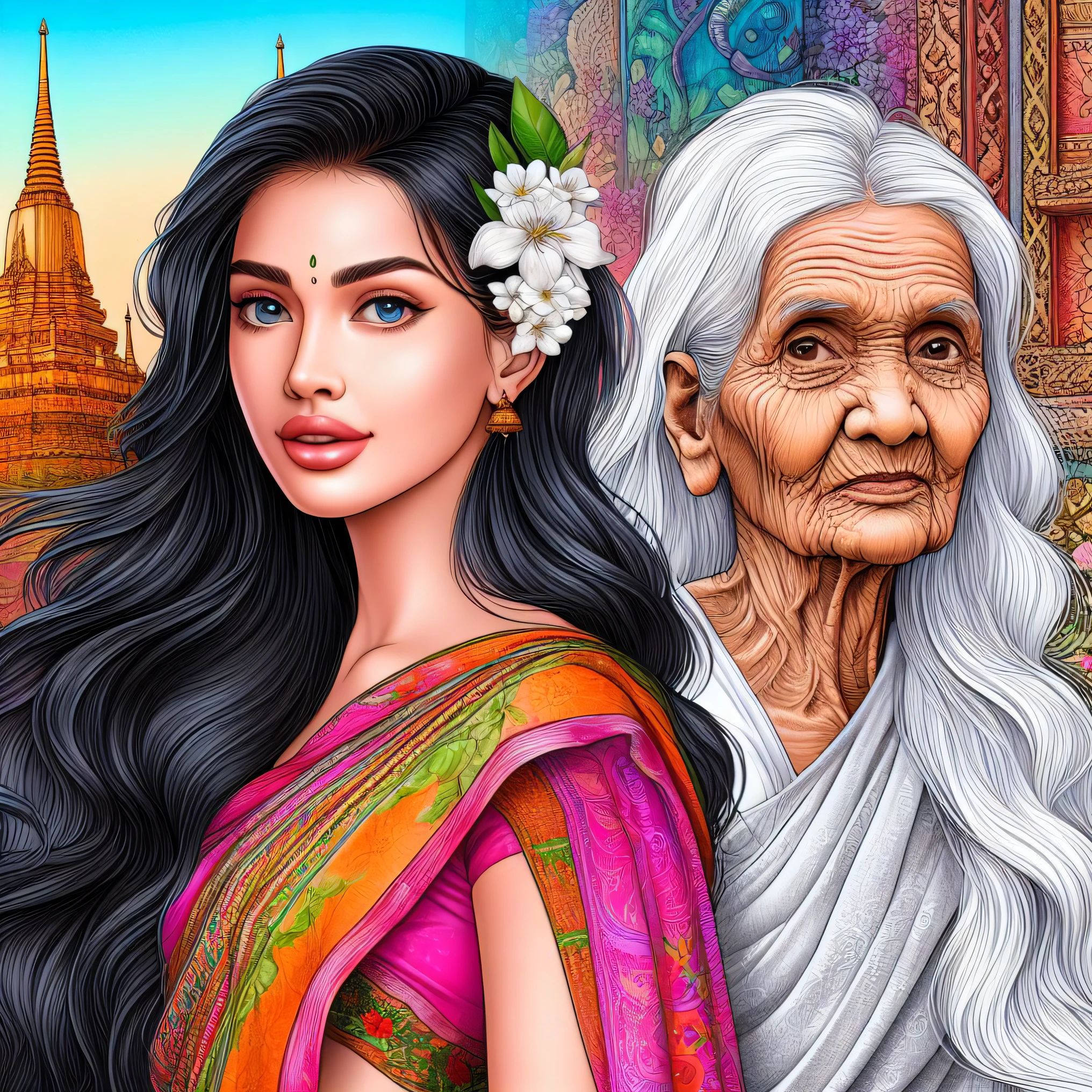 an old woman and an old woman with long hair, a beautiful artwork illustration, thailand art, beautiful digital art, beautiful digital artwork, stunning art style, beautiful digital illustration, digital painting style, stunning digital painting, stunning digital illustration, beautiful digital painting, indian art, detailed beautiful portrait, digital painting highly detailed, great digital art with details, style in digital painting