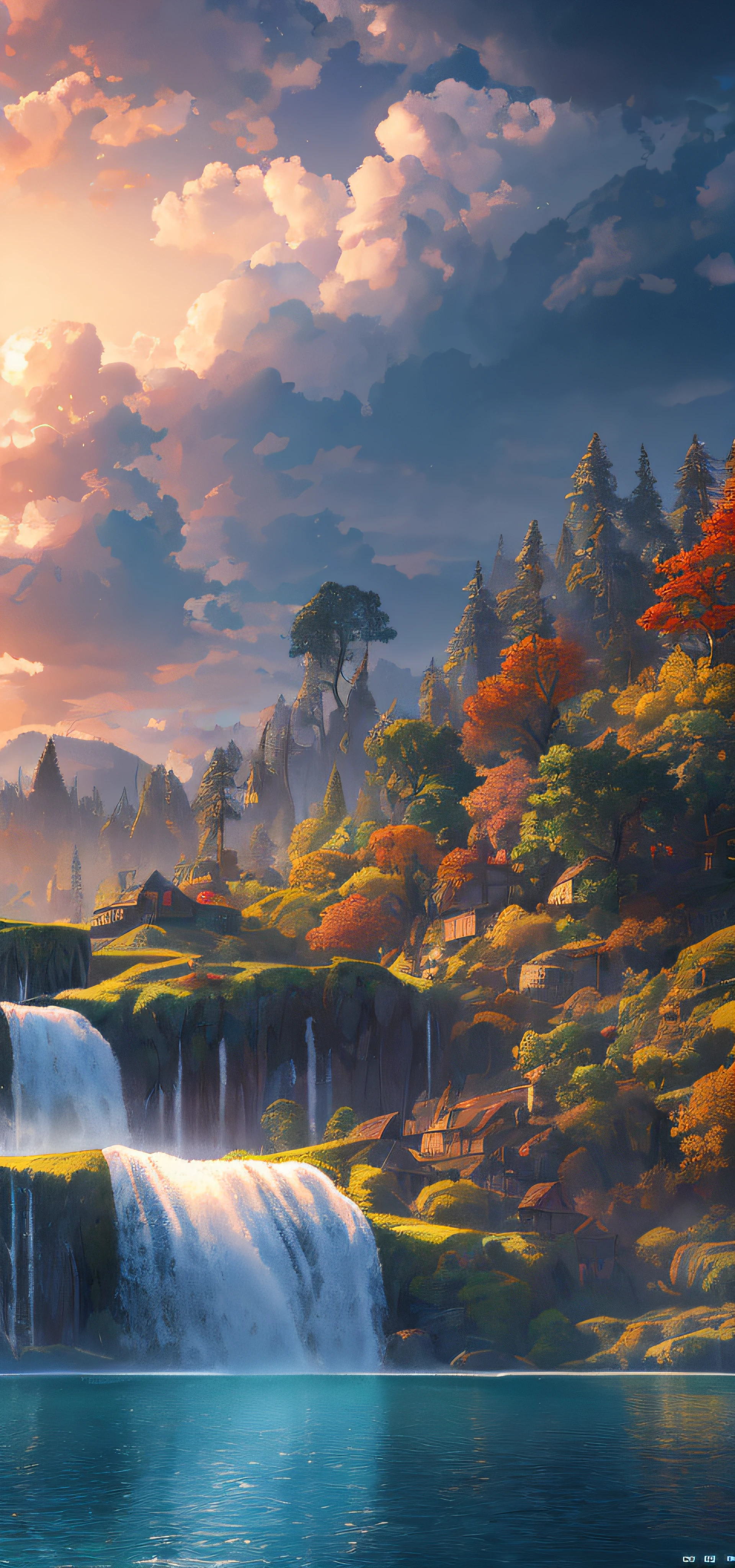 Masterpiece, best quality, high quality, extremely detailed CG unity 8k wallpaper, landscape, outdoor, sky, cloud, sky, no humans, mountain, landscape, water, tree, blue sky, waterfall, cliff, nature, lake, river , cloudy skies, award winning photography, bokeh, depth of field, HDR, bloom, chromatic aberration, photorealism, very detailed, trending on artstation, trending on CGsociety, intricate, high detail, dramatic, midjourney art --auto --s2