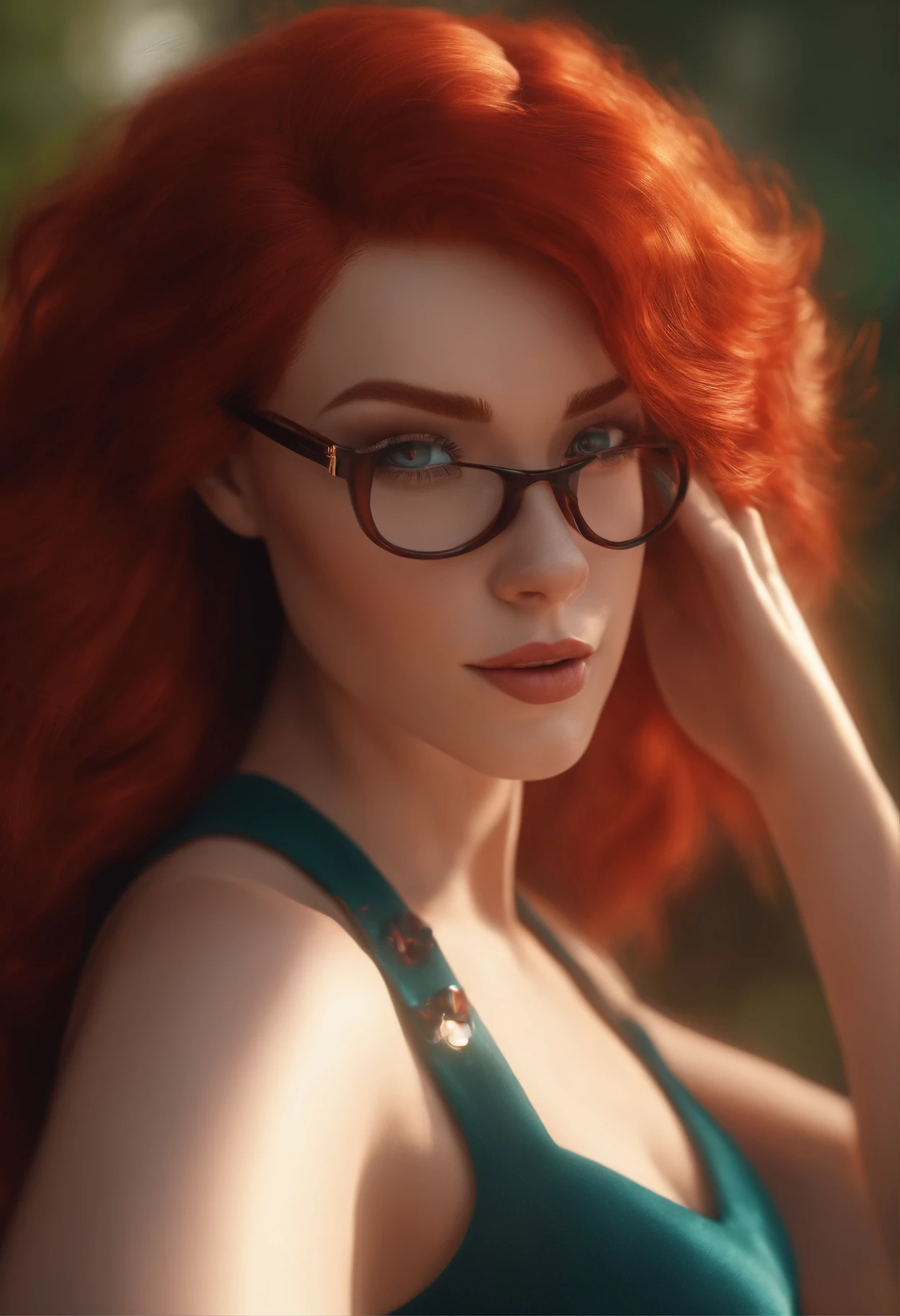 Pixar style image with 3D character white glasses woman red hair light eyes