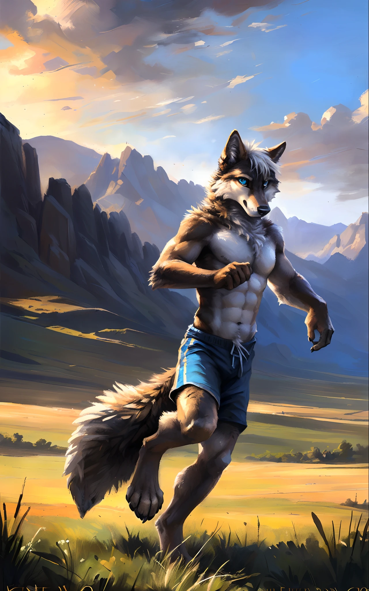 ((Solo)), male people, anthro wolf, (Multi-colored fur, White-brown:1.3,White tail pointed), (Height 2.1m,Tail length 1.2m), ((Wolf face, Big eyes, White eyelids, Blue pupil, Slim:1.2) (Tough, Calm expression:1.2))abs, Slim, pinging)), (Correct anatomy), body naked, (detailed outfits),A long big tail,Feet,(Realistic fur, Detailed fur texture, labeled:1.3)), (Natural lighting), Photorealistic, Hyperrealistic, ultradetailed, by Kenket,Snowfield,erect through,Running on