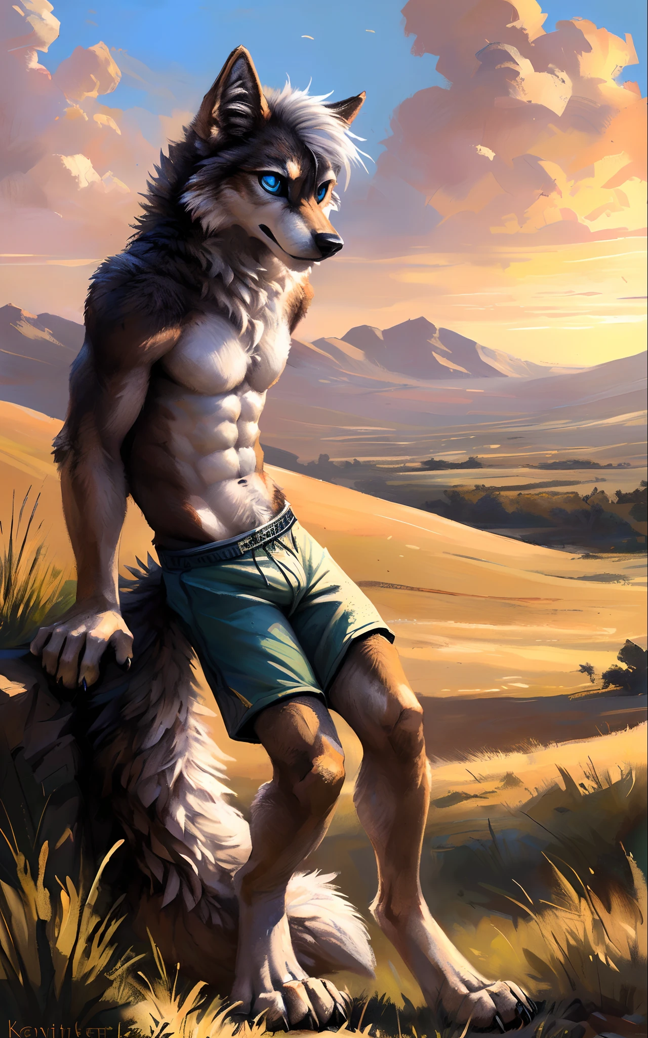 ((Solo)), male people, anthro wolf, (Multi-colored fur, White-brown:1.3，White tail pointed), (Height 2.1m,Tail length 1.5m), ((Wolf face, Big eyes, White eyelids, Blue pupil, Slim:1.2) (Tough, Calm expression:1.2)), Abs, Slim, pinging)), (Correct anatomy), Naked all over the body,A long big tail，Feet，(Realistic fur, Detailed fur texture, labeled:1.3)), (Natural lighting), Photorealistic, Hyperrealistic, ultradetailed, by Kenket，Field，No artifacts