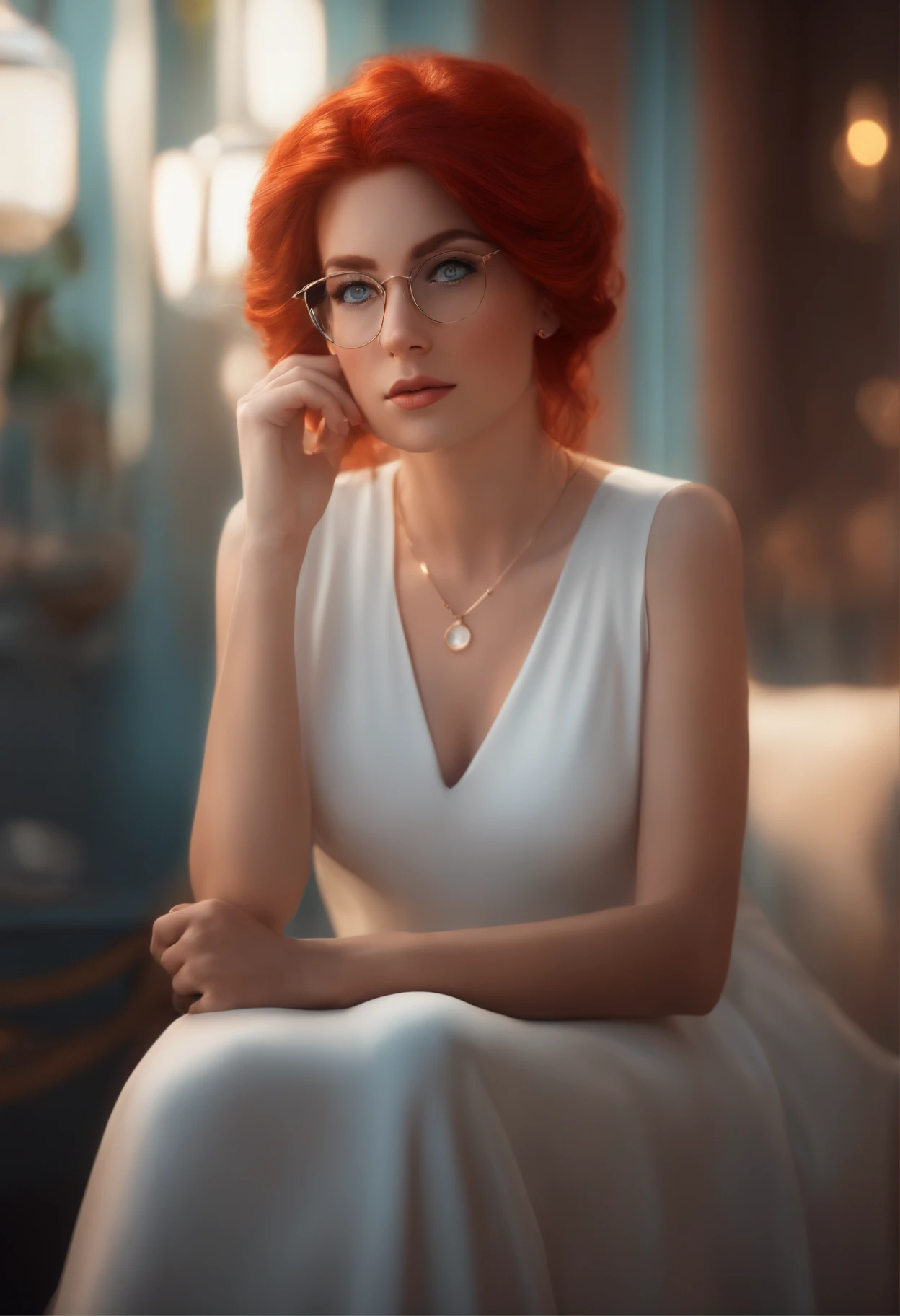 Pixar style image with 3D character white glasses woman red hair light eyes