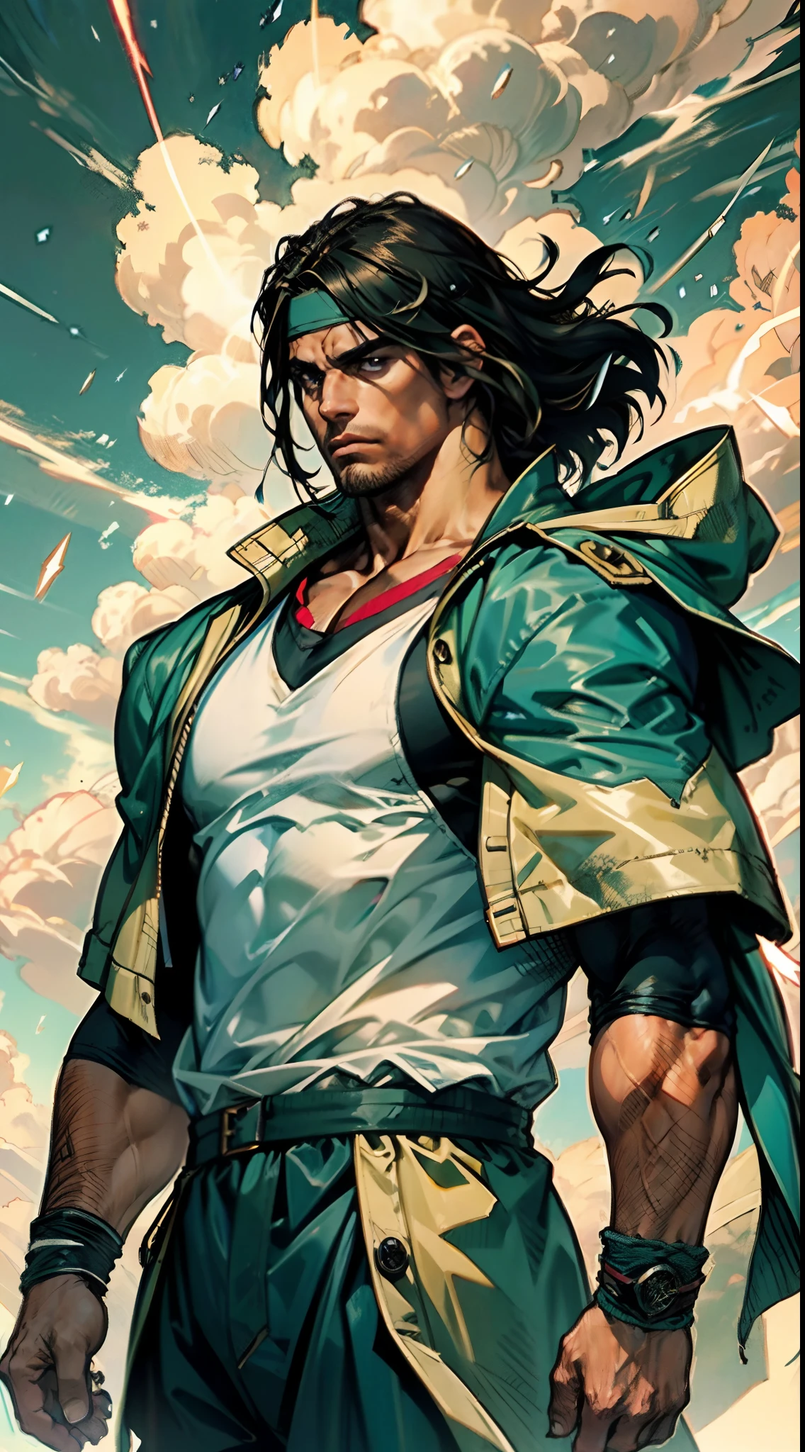 A middle-aged man, dark green long hair, wildly disheveled and exaggerated hairstyle, a headband, no eyebrows, a stern gaze, a well-defined facial structure, a tall and muscular physique, a fantasy-realistic style outfit, only a half-length windbreaker coat, sleeveless, revealing sturdy abdominal muscles, wearing wrist guards, matching trousers with the outfit, standing like a deity, dark clouds gathering in the sky, flashes of lightning and thunder, wild winds swirling around, this character embodies a finely crafted fantasy-style wild overlord in anime style, characterized by an exquisite and mature manga illustration art style, high definition, best quality, highres, ultra-detailed, ultra-fine painting, extremely delicate, professional, anatomically correct, symmetrical face, extremely detailed eyes and face, high quality eyes, creativity, RAW photo, UHD, 8k, Natural light, cinematic lighting, masterpiece-anatomy-perfect, masterpiece:1.5