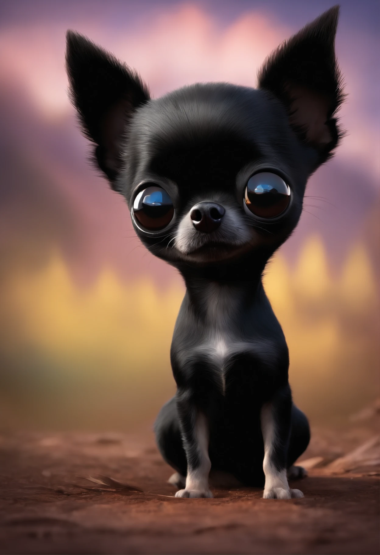 Create a poster inspired by Disney Pixar movies, including a black and tiny chihuahua sitting on the ground. The poster is titled 'BRI”.Digital art should be in the Pixar style, reminiscent of an animated feature.