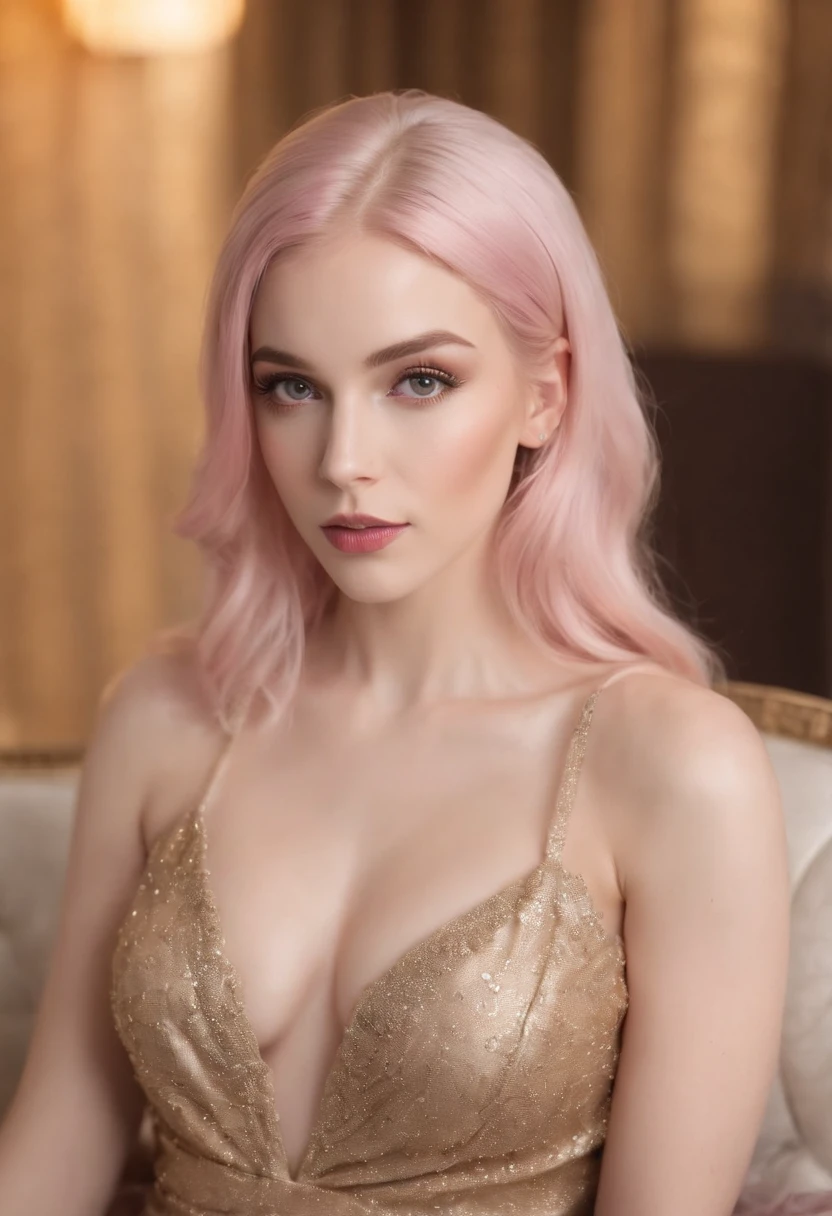 blond woman with pink hair sitting on a couch in a gold dress, alexa grace, blonde goddess, amouranth, ava max, better known as amouranth, 4 k glamour photography, sexy dress, 2 4 year old female model, sexy girl with long blonde hair, angelawhite, sexy look, amouranth as a super villain, rose gold