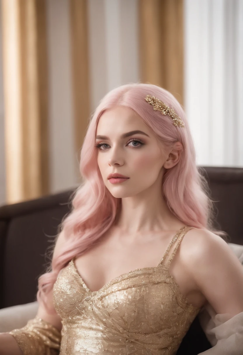 Create a realistic Caucasian woman with deep magenta eyes, an upturned button nose, and heart-shaped lips with upturned corners. She has long, wavy pink hair styled in an elegant updo. She is slender with small breasts. She wears a regal, ethereal dress with elegant and fantasy elements, featuring a gold, pastel pink, and rose gold color scheme. The dress has intricate spider web patterns and motifs.