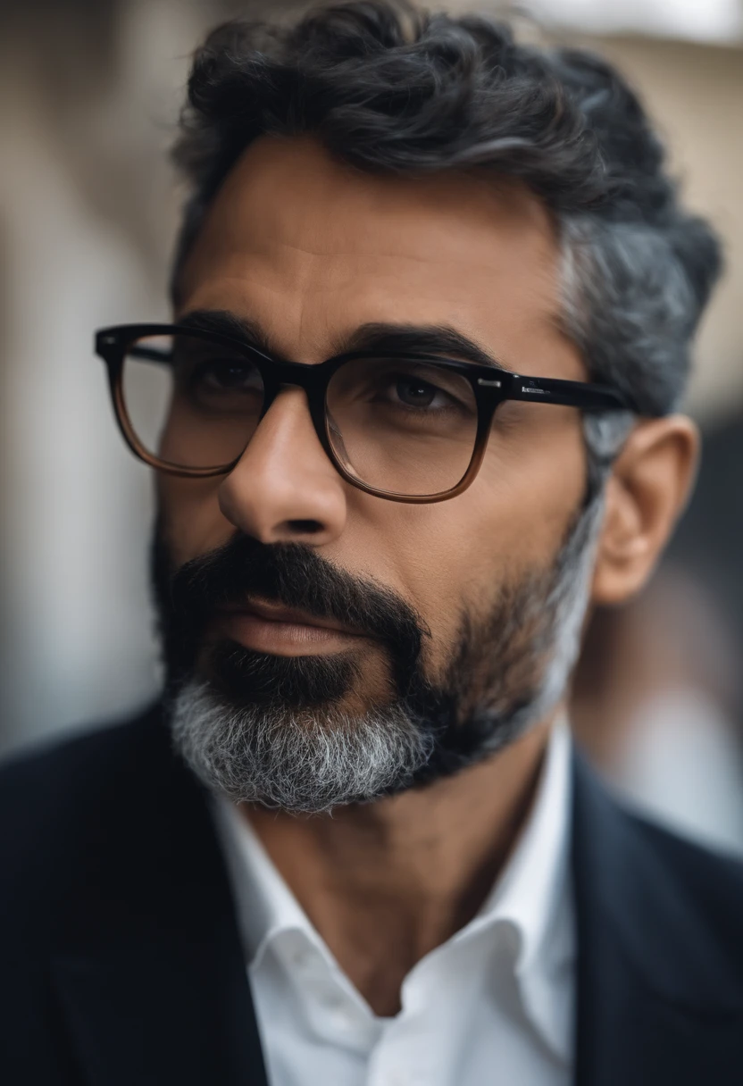 homem 46 anos, cabelos pretos, liso, curto, partido para a direita, Wearing glasses and with a short beard