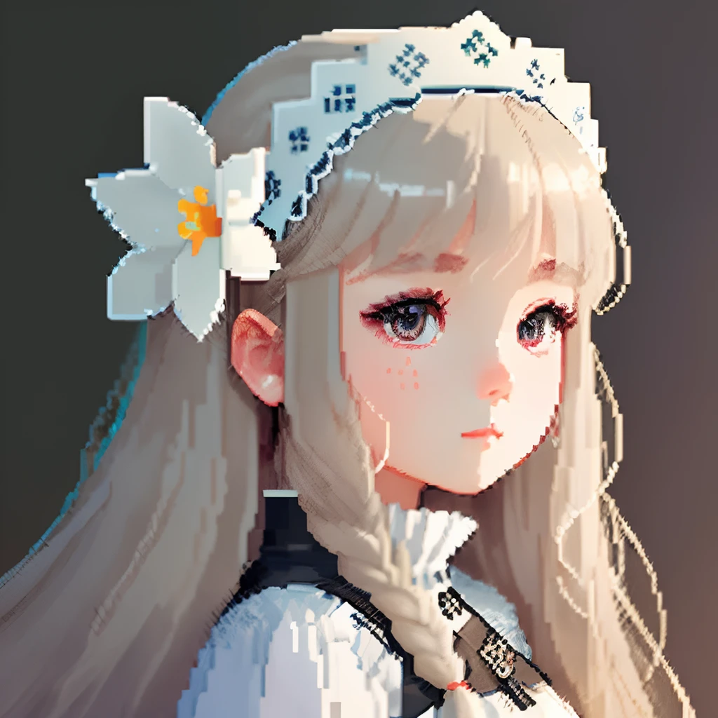 He was dressed in light clothes, Gothic white and pale light blue outfit、Girl with long hair in a dull beige color、Look back and look at this.、Pixel art、Pixel Art Illustration、pixels、Plain background、Upper body、For icons、pixels_Art Book,Composition centered on the face、Gothic headdress with flowers、pixels、Game-style illustration、Pixel art、pixels、without background、The background is all beige