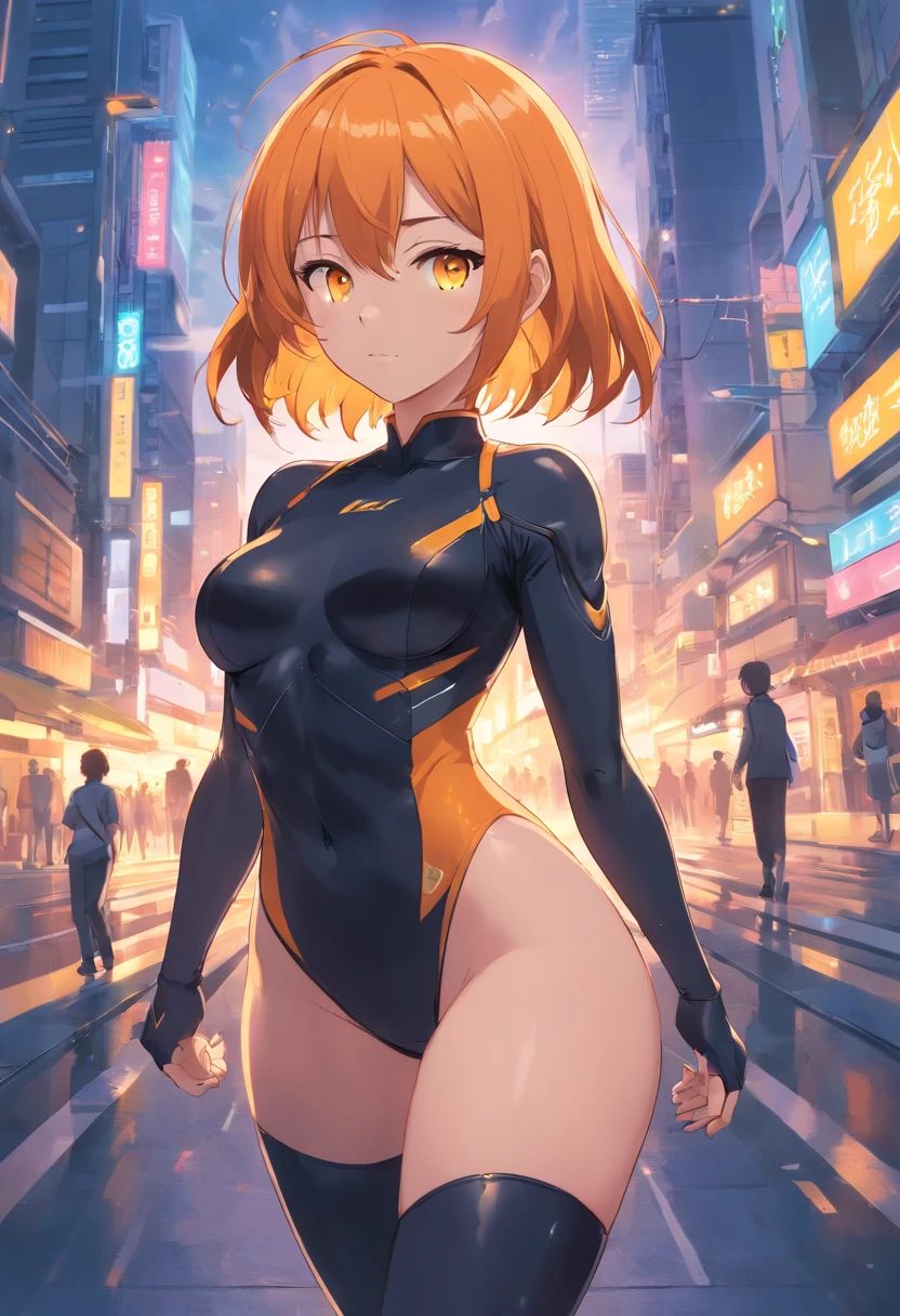1 female、Orange hair、Colossal tits、Huge ass、Fitting black rubber suit、yellow eyes、thick thighs、a short bob、wide hips、Thigh muscles、Turn your butt、Strong thighs