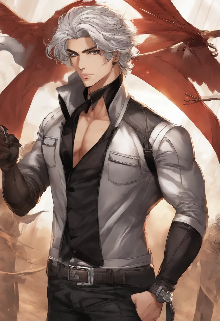 1male, long silver messy hair, white hood, yellow eyes, adult face, adult, bad boy, bare chest, wearing leather chest armor,lean, condescending smirk, katana, trousers, fantasy, elite fighter