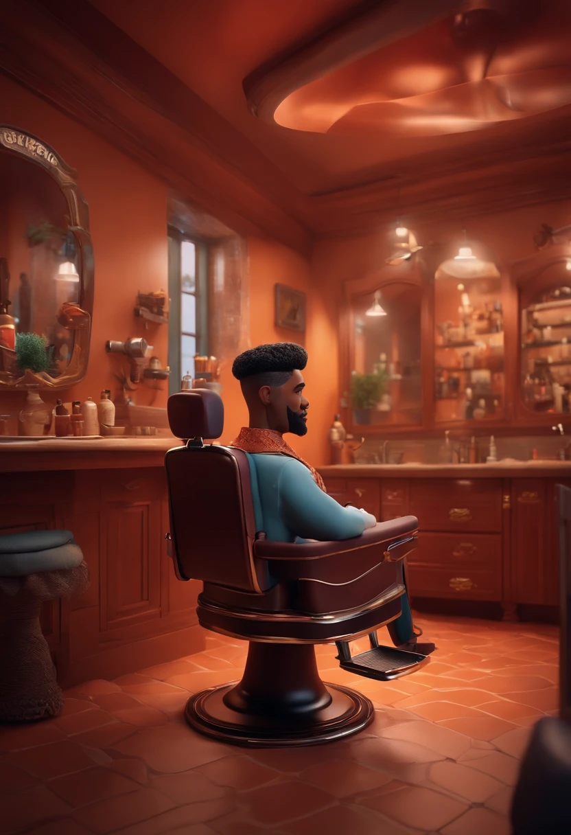 A Dream Barber Inspired by Pixar Animation, de perto. The character takes center stage with captivating facial expressions, oferecendo um toque de irrealidade, Cabelo curto e gordinho gradiente