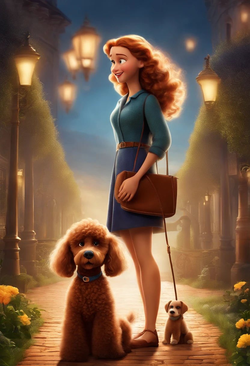 Create a poster inspired by Disney Pixar movies, apresentando um casal acompanhado por uma de altura mediana com cabelos castanhos escuros, Full lips and dark eyes and silly face together with brown poodle puppy girl, cachorrinho de pele bem cuidada com dentes caninos afiados e pontiagudos brincando. The poster is titled 'Lily' Digital art should be in the Pixar style, reminiscent of an animated feature.