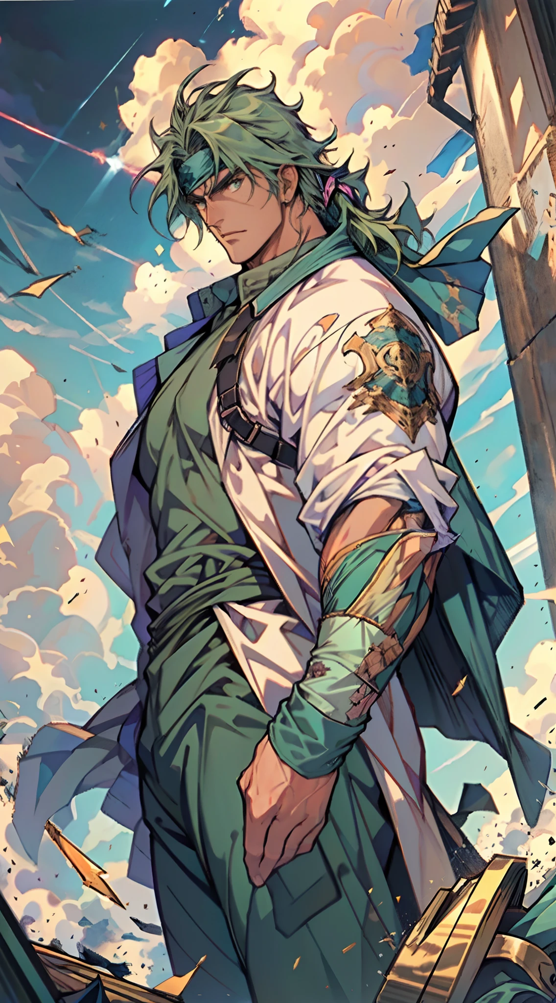 A middle-aged man, dark green long hair, wildly disheveled and exaggerated hairstyle, a headband, no eyebrows, a stern gaze, a well-defined facial structure, a tall and muscular physique, a fantasy-realistic style outfit, only a half-length windbreaker coat, sleeveless, revealing sturdy abdominal muscles, wearing wrist guards, matching trousers with the outfit, standing like a deity, dark clouds gathering in the sky, flashes of lightning and thunder, wild winds swirling around, this character embodies a finely crafted fantasy-style wild overlord in anime style, characterized by an exquisite and mature manga illustration art style, high definition, best quality, highres, ultra-detailed, ultra-fine painting, extremely delicate, professional, anatomically correct, symmetrical face, extremely detailed eyes and face, high quality eyes, creativity, RAW photo, UHD, 8k, Natural light, cinematic lighting, masterpiece-anatomy-perfect, masterpiece:1.5