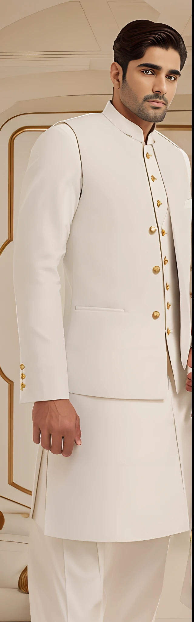 there is a man in a white vest, white waistcoat, wearing waistcoat, waistcoat, vests, wearing a waistcoat, with two front pockets, dressed in a jodhpuri suit, tan vest, white suit vest, vest, wearing a kurta, white sleeves, gold waistcoat, abundent in details, formal attire, white groom dress,