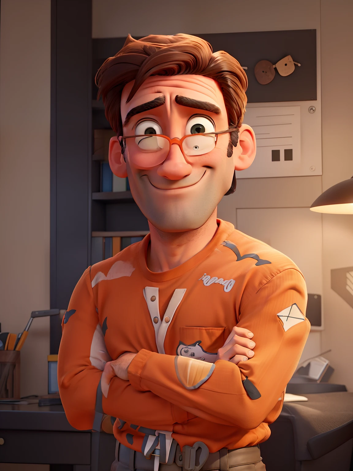 Jon Hamm, Cartoons in orange shirt and black pants, arms crossed, olhando para frente e sorrindo com os dentes aparecendo;