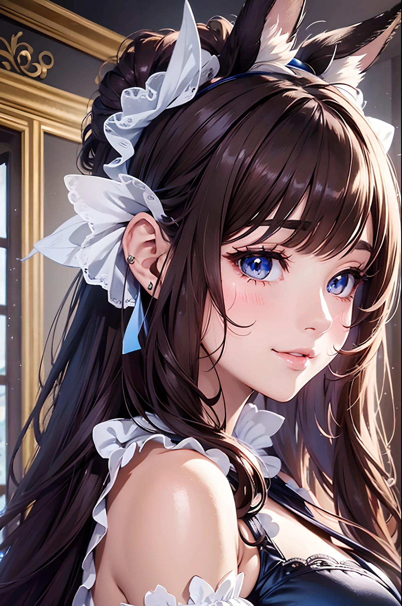 16K Ultra High Definition
Super Detailed
masterpiece
Glossy and detailed hair
Beautiful human woman with long brown hair、Blue Mesh、Very long lashes、lofty nose、
ultra gigantic tits、Amazing beautiful breasts、Sexy Maid Outfits
Dog Ears
Glossy skin
Red cheeks
Moist eyes and an embarrassed expression
Seduce with a bewitching smile
The background is the living room