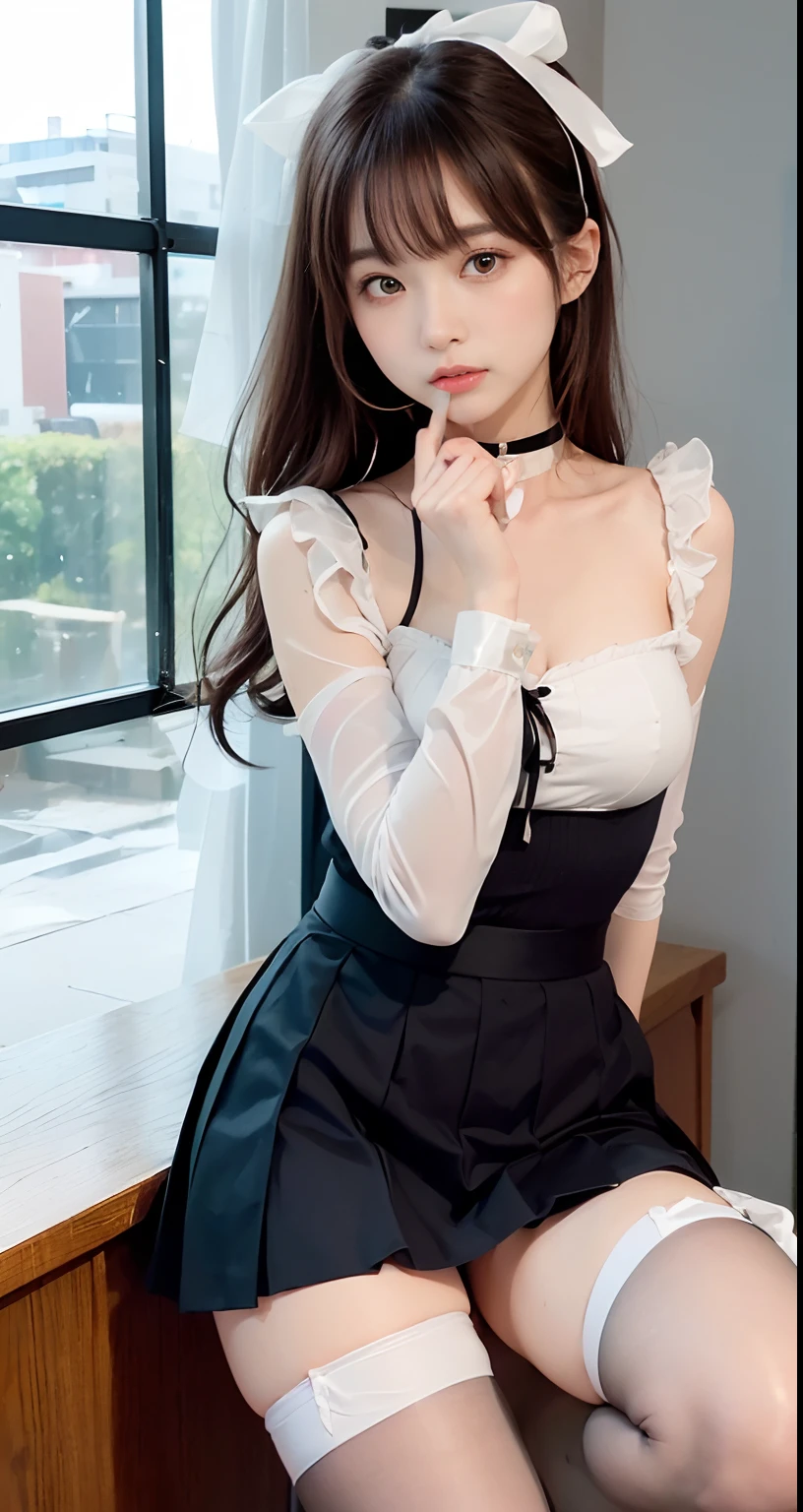(((Kamimei、Jumping、Mouth ajar))),(((((pencil skirts、frombelow、Jumping、Black stockings、Navy blue recruit suit and skirt、White ruffled blouse with ribbon、high-heels、raise her legs))))),((In the office、In the company、In the reception room、frombelow))、masutepiece, 1girl in, best qualtiy, Ultra Detail, (shiny), (Small)、(((with blush cheeks,))),Ray tracing,Perfect Lighting, (milky skin:1.2),reflection,  up looking_で_viewer, blush, bow ribbon, Medium Curl Hair、yellow_Eyes, White choker, Low_Twin-tailed、Japan's cutest 28-year-old beautiful girl、Small ribbons in the hair