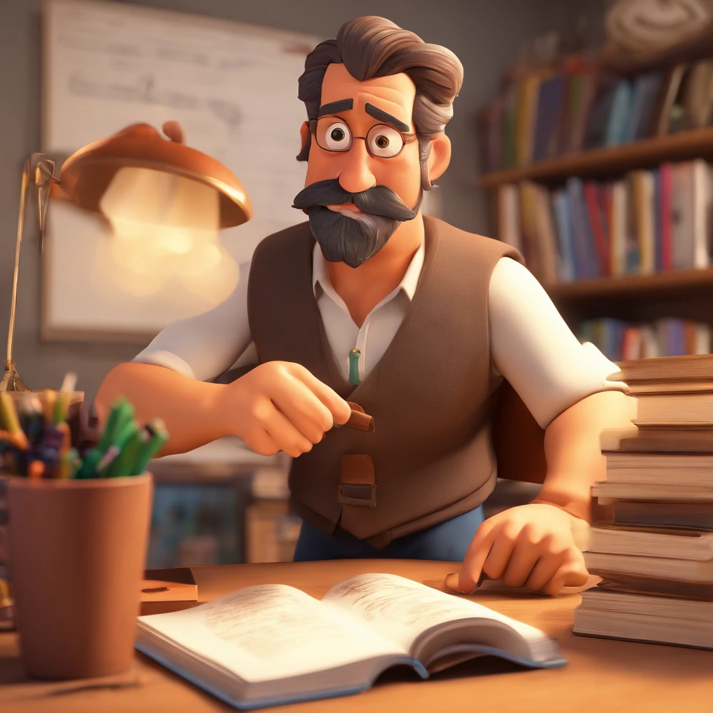 Crie um cartaz inspirado na Disney Pixar com o personagem sendo o advogado Winder Garcia, Um homem de cabelos pretos, pele morena, sem barba e nem bigode, in an office with a Bible on the table