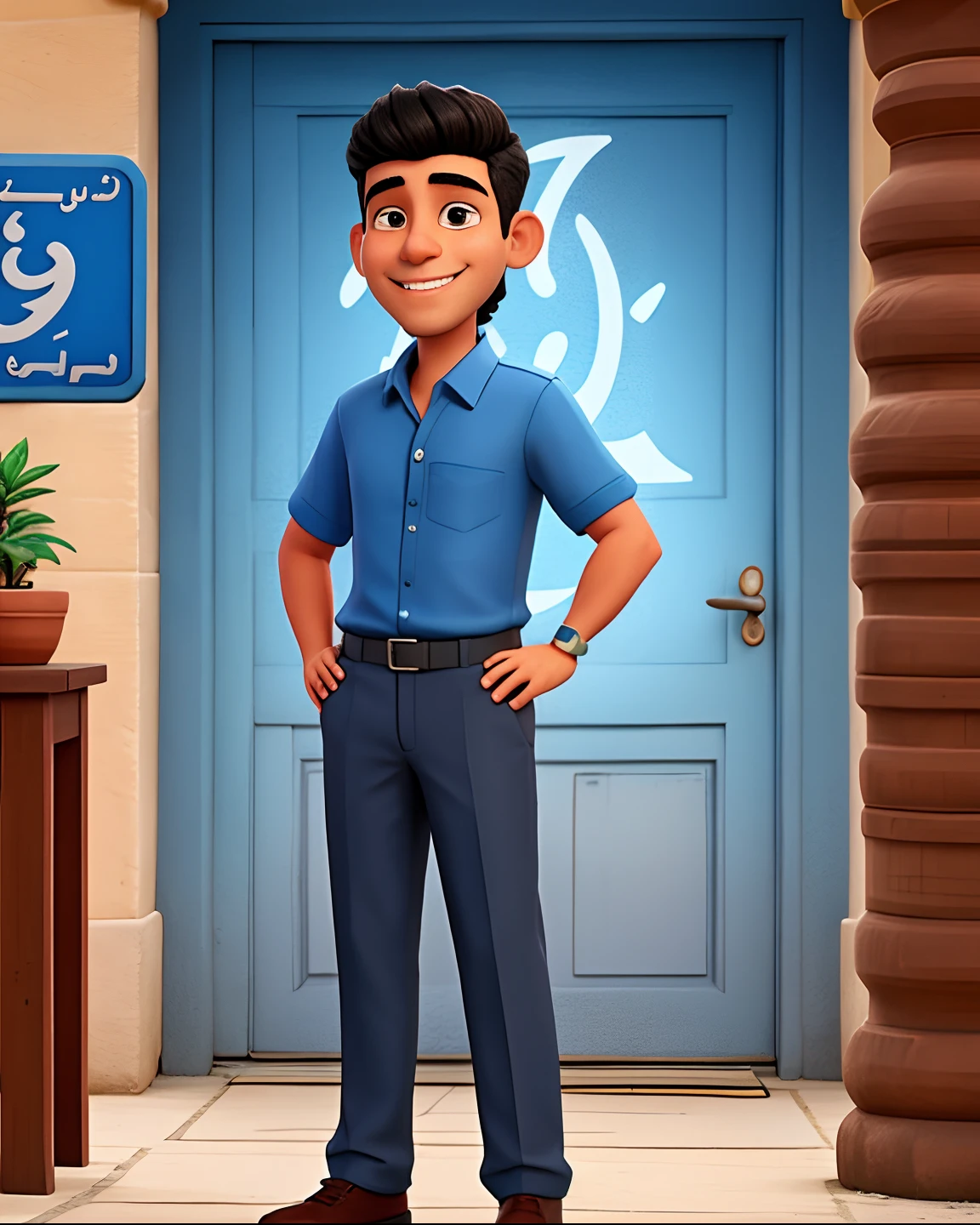 Smiling man in blue shirt and gray pants standing in front of a sign, Mohamed Chahin, Riyahd Cassiem, Khyzyl Saleem, taken in the early 2020s, Kyza Saleem, imagem de corpo inteiro, he is! cerca de 3 0 anos de idade, Ash Thorp Khyzyl Saleem, Alex