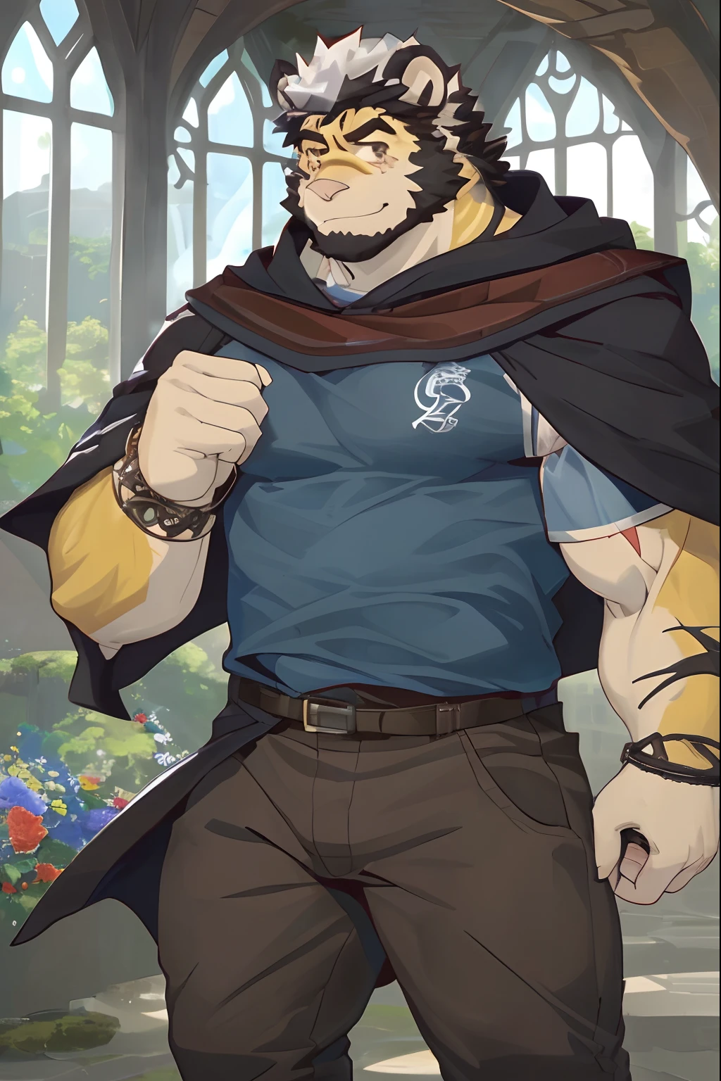 Character details, Man, Hobbit, Single, without wearing shoes, Bare feet, Short hair, Masterpiece,Best quality,Detailed background,hi,It's nothing,nj5furry,window,Sunlight,One plant name is forget-me-not, Solo,solofocus,Male,Male focus,anthro,Red or Blue Dragon,(sport:1.5), (Yellow-fur,,Black eyebrows:1.5),view the viewer, Elaborate Eyes,Detailed eyes,Onyx eyes,Puppeteer,5 fingers, (tee shirt),Smile with flowers in hand,Waiting for someone to bring him down,yaoi,Strong body,Majesty,He took the initiative to lift his shirt to reveal his eight hairy abs and two large thick pecs
, Leg hair, Cape, a hood on part of head, Curly hair, Fair skin, medieval, adventurer, fantasy, Chocolate hair, Dark green cloak, Brown eyes, Angry, Large scars on the cheeks, Sword on the belt, Bone bracelet, (the scars), Lots of shadows, Dark colors, Brown pants, Milk shirt,