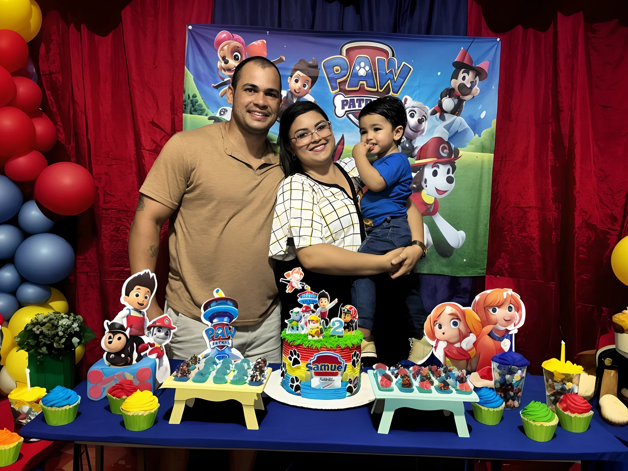 Araffes and a man and a child posing for a photo in front of a table with a cake and balloons, patrulha pata, birthday party, pano de fundo, marido esposa e filho, Happy family, at a birthday party,