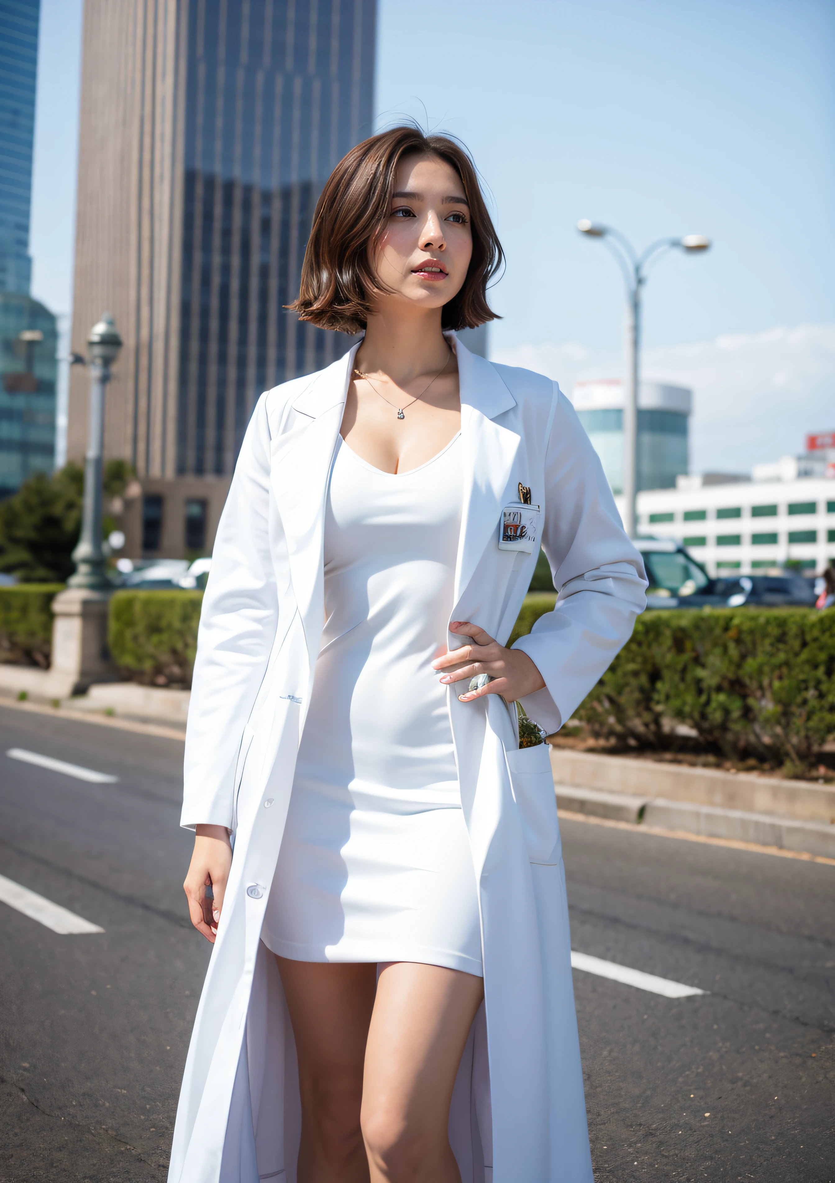 white dress, labcoat,