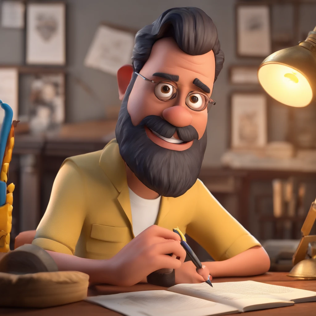 Crie um cartaz inspirado na Disney Pixar com o personagem sendo o advogado Winder Garcia, Um homem de cabelos pretos, pele morena, sem barba e nem bigode, in an office with a Bible on the table