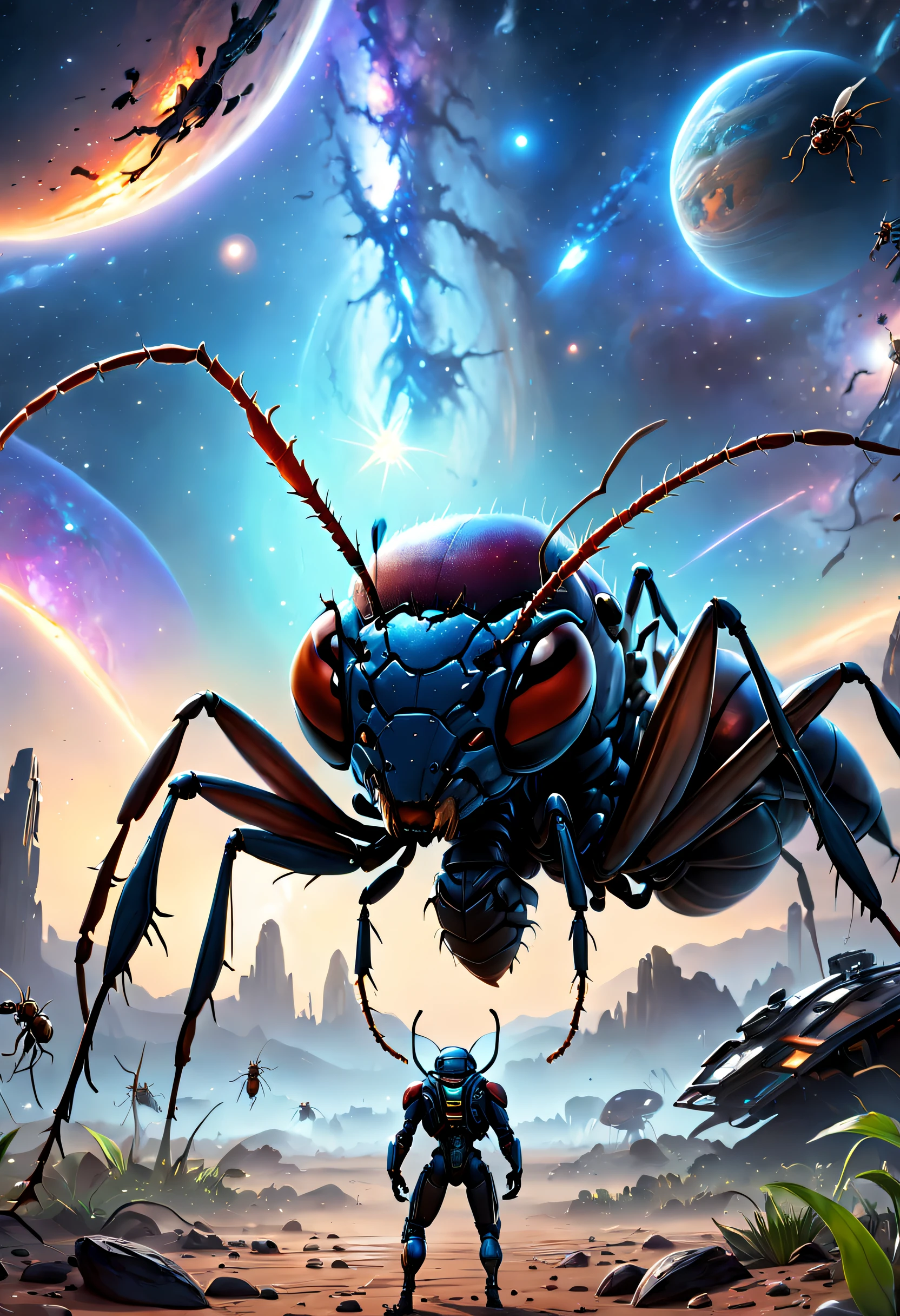 (Best quality, 4K, 8K, A high resolution, Masterpiece:1.2), Ultra-detailed, (Realistic, Photorealistic, photo-realistic:1.37),A giant ant breaks into the galaxy,Meticulous giant ants,As big as a planet,The earth is small, and the ants are huge,ultra-realistic realism,Epic dreams,Beautiful sci-fi art,science fiction digital art,Futuristic starry sky background,Beautiful sci-fi art, Science-fi digital art illustration, Digital cyberpunk art, science fiction digital painting, futuristic digital painting, futuristic concept art, In front of the sci-fi starry sky landscape, science fiction digital art, Advanced digital cyberpunk art, Fantastic cyberpunk ants