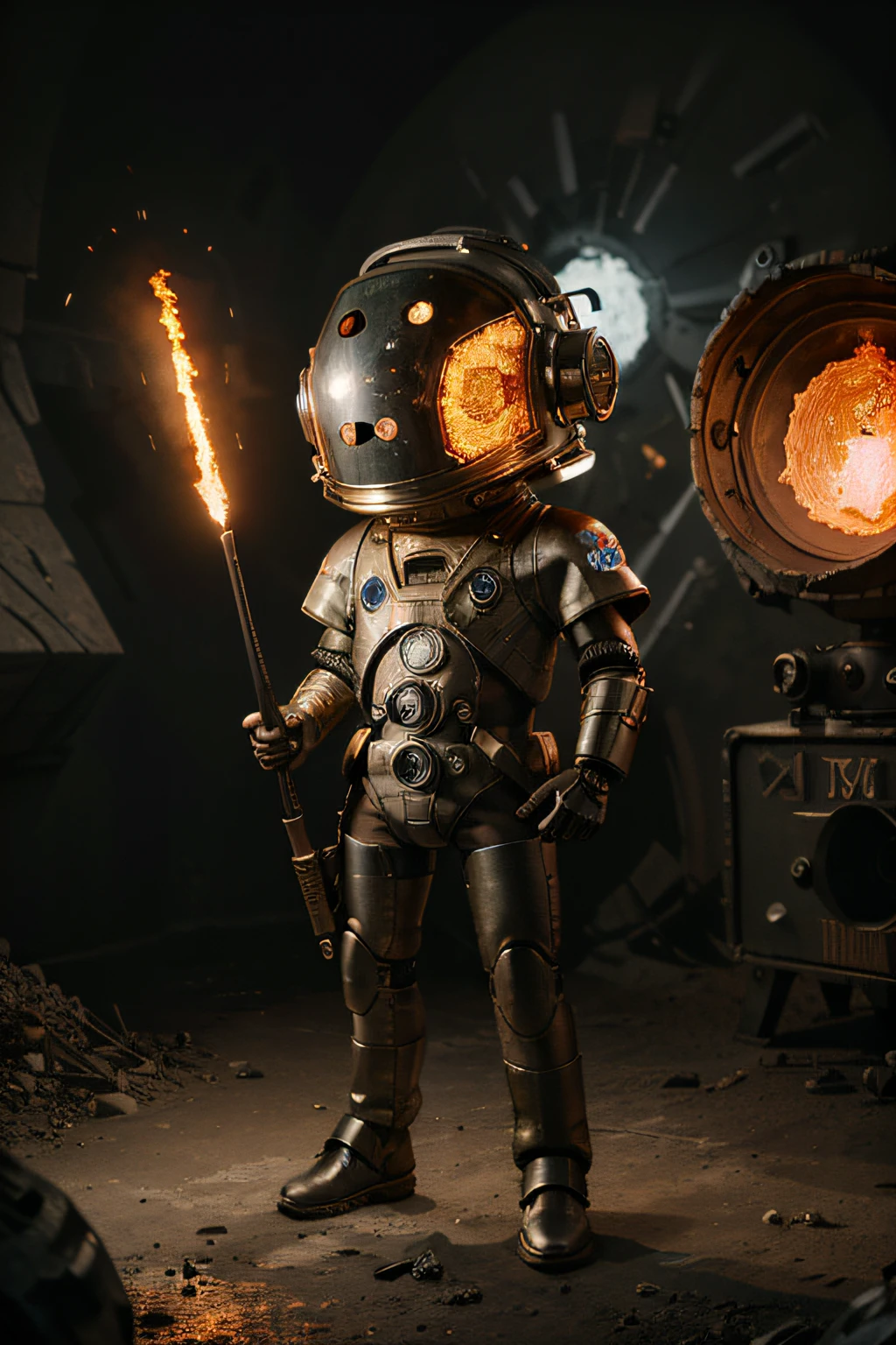 A toon Crazy whit a Big ONE a Only Eye Robot CCCP Soviet, and helmet Style, tongs in hands, Tv head, pinhead, camouflage Gold Silver Pink Rusty, Ambient in a meteorite crater super detailed, center, beautiful, soft lighting, focused on the character, 4K resolution, photorealistic rendering,