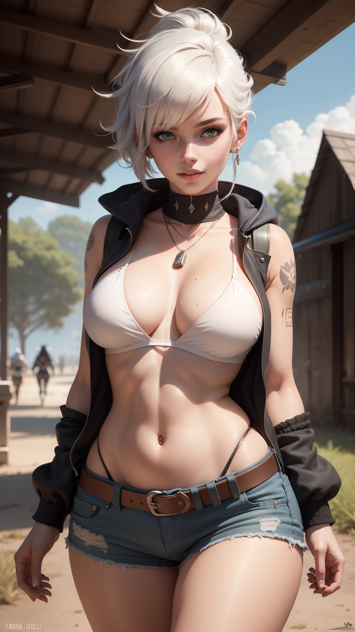 gwen tennyson,tracer,y'shtola rhul,yorha 2b,overwatch,nier automata,mech pilot,cow farm,tattoos,orange and pink plugsuit,white short sleeve bikini top,denim micro shorts,uncovered belly,short hair,punk makeup,green eyes,multicolored silver hair,sexy smile,freckles,beautiful girl,large breasts,8k,ultra detailed,realistic,fantasy art,ear piercings,rancher uniform,saiyan girl,cowboy hoodie vest,cowboy belt,hay field,walking,goth necklace,wet body,ass close up,