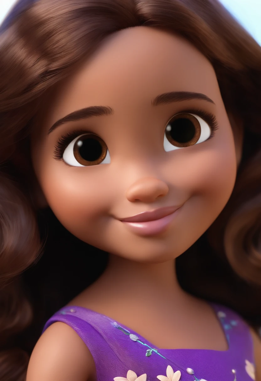 Create a 3-****-*** Pixar 3D Disney style girl, cabelos curtos, shoulder-length brown wearing a Lila gown with purple flowers inspired by the Isabela madrigal of the encanto family. A menina tem olhos cor de mel e rosto angelical