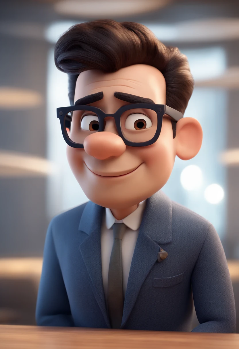 Cartoon character of a man with black glasses and a blue shirt, animation character, Caractere estilizado, animation style rendering, 3D estilizado, Arnold Maya render, 3 d render stylized, toon render keyshot, Personagem 3D, Personagem 3D, 3d rendering stylized, 3 d character render, personagem de desenho animado, Personagem de close up, Pose de personagem,  (Estilo Pixar) (master part:1.2) (Bokeh) (best quality) (pele detalhada) (textura detalhada) (8k) (argila) (Cinematic lighting) (foco nítido