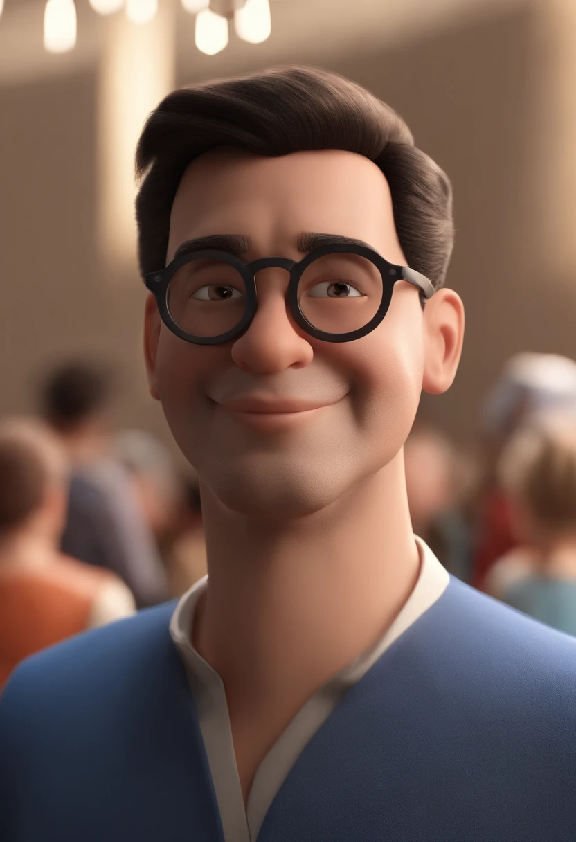 Cartoon character of a man wearing black glasses and a blue shirt, um personagem animado, Caractere estilizado, animation style rendering, 3D estilizado, Arnold Maya render, 3 d render stylized, toon render keyshot, Personagem 3D, Personagem 3D, 3d rendering stylized, 3 d character render, personagem de desenho animado, Personagem de close up, Pose de personagem, (Estilo Pixar) (master part:1.2) (Bokeh) (best quality) (pele detalhada) (textura detalhada) (8k) (argila) (Cinematic lighting) (foco nítido，Senta e vaza a parte superior do corpo