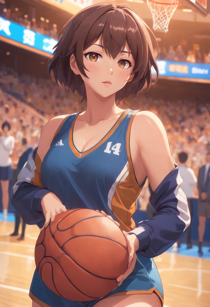 1 woman, 40k, insane quality, masterpiece, sports uniform, with a basketball, big boobs, bare breasts, brushed nipple, big nipple, big hips, brown skin, african american hair, full lips, glossy lips, sweat in the body, seductive expression, looking at camera daylight,