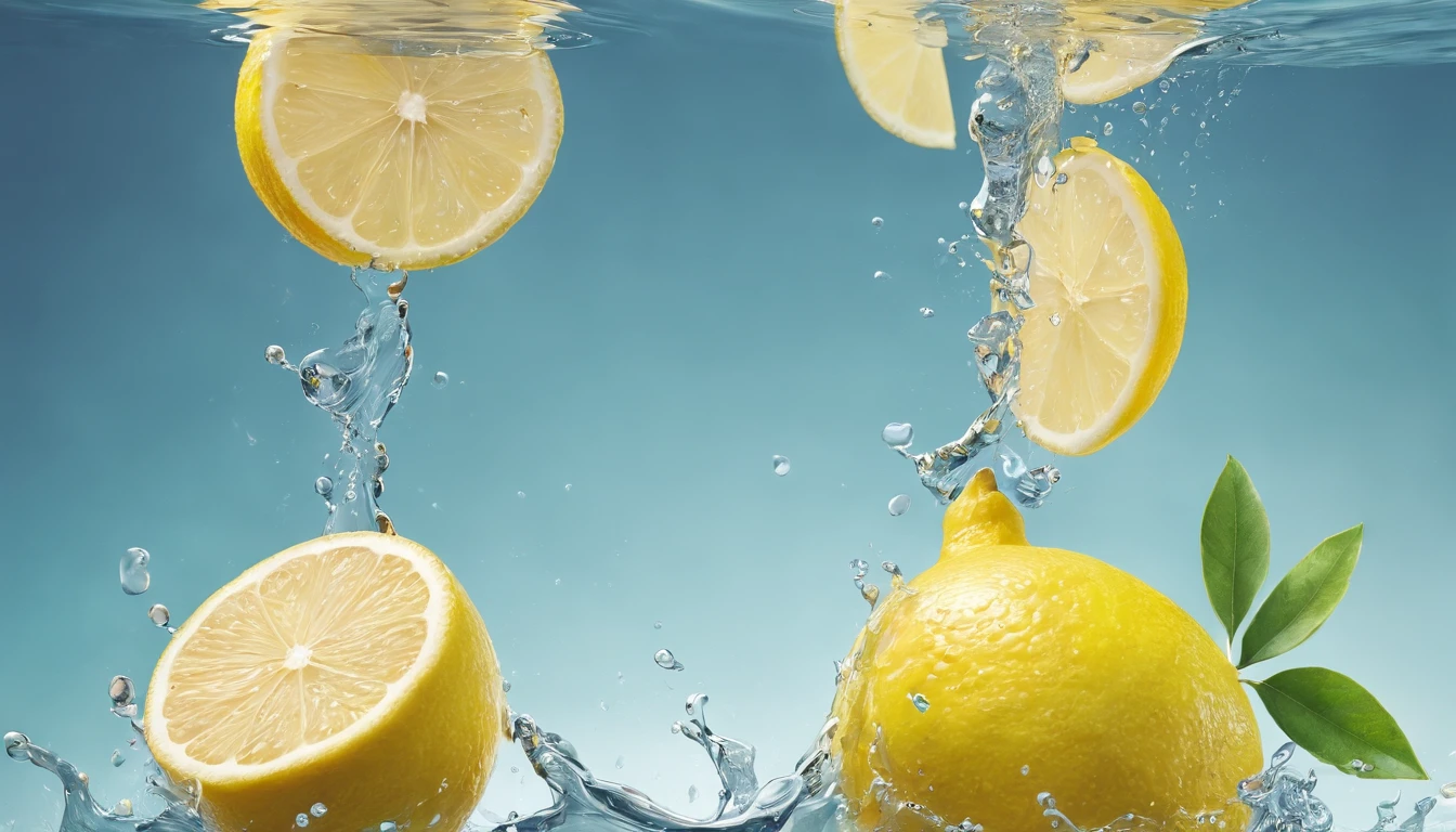 Product photo of 5 lemon falling into the water, Drippy, Splash clear liquid, water bloom, dynamic compositions. (master part) (melhor qualidade) (circunstanciado) (Cinematic lighting) (foco nítido) (intrincado), master part, melhor qualidade, ultra-high resolution, 8k UHD ,olhos detalhados_Xl, Detalhador Furtástico, High detail, Close-up,oto RAW cinematic，foto ultra real，Ultra foto Realsisim，Digital SLR，soft lighting