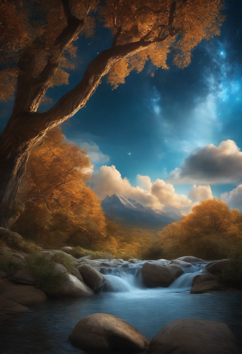 (Beautiful Magical Sky Blue Flow Overlay Scenery), (heaven), (nuvem), soft lighting, fundo limpo, beautiful sky landscape, master part, alta qualidade, graphics beautiful, High detail,pintado por Thomas Kincaid, art-station, foco nítido, Inspiring 8K wallpapers, With Adam and Eve pricked up strolling