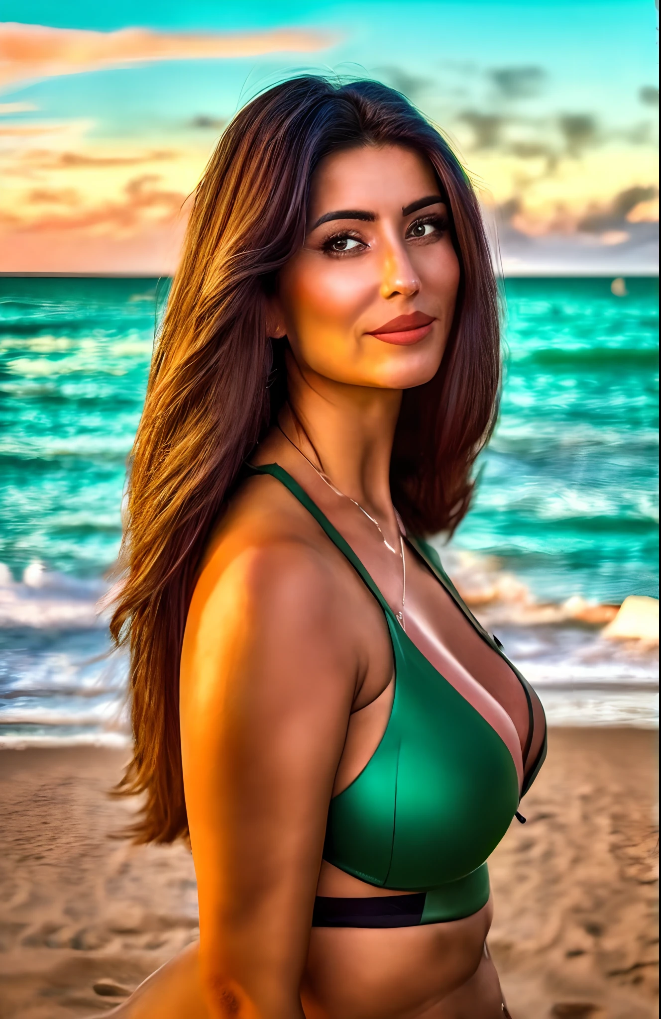 master part, HDR, 4k, 8k, master part, best quality, 1menina vestindo camisola , brown hair, rosto detalhado+olhos verdes, medium breasts, boca fechada, Olhando para o Viewer, Cabelos Longos, Background Story: Standing on the beach