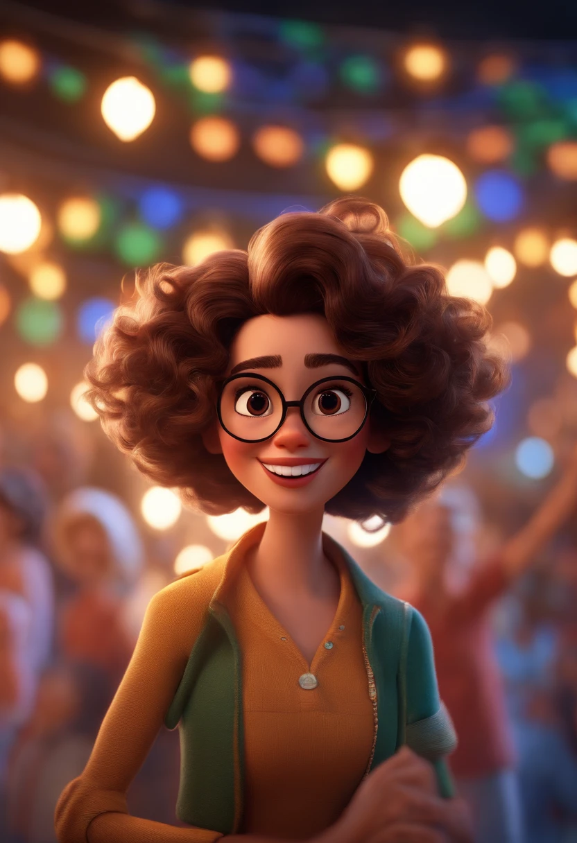 Pixar style image with 3D character white glasses brunette woman short curly hair dancing, Maquiagem Disney,Pescador, bonitinho, sorridente ,Close-up, Pixar, Disney, Cinema lighting,