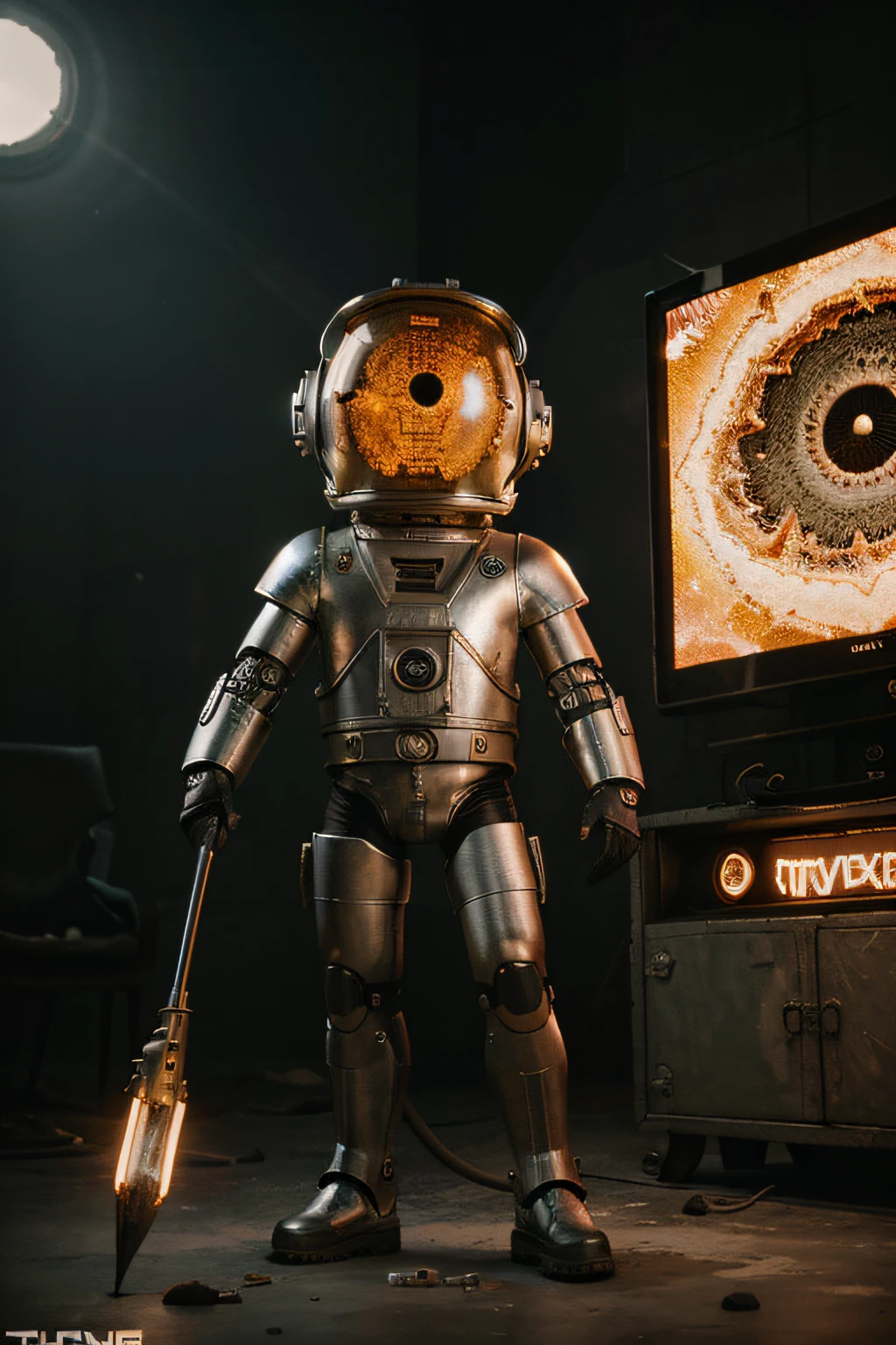 A toon Crazy whit a Big ONE a Only Eye Robot CCCP Soviet, and helmet Style, tongs in hands, Tv head, pinhead, camouflage Gold Silver Pink Rusty, Ambient in a meteorite crater super detailed, center, beautiful, soft lighting, focused on the character, 4K resolution, photorealistic rendering,