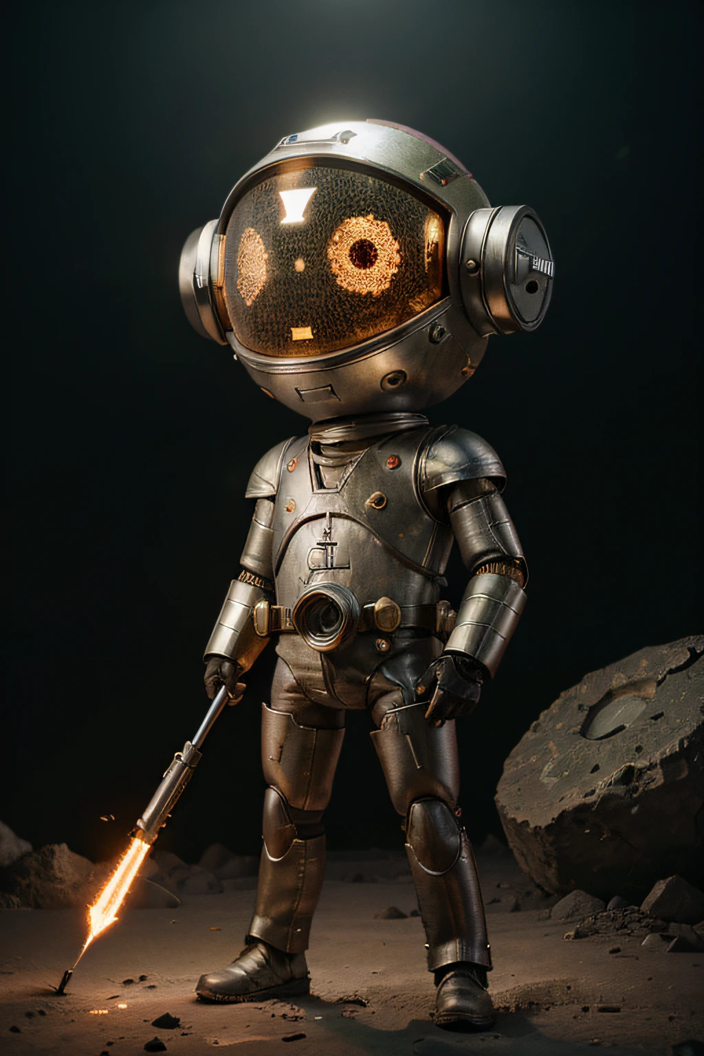 A toon Crazy whit a Big ONE a Only Eye Robot CCCP Soviet, and helmet Style, tongs in hands, Tv head, pinhead, camouflage Gold Silver Pink Rusty, Ambient in a meteorite crater super detailed, center, beautiful, soft lighting, focused on the character, 4K resolution, photorealistic rendering,