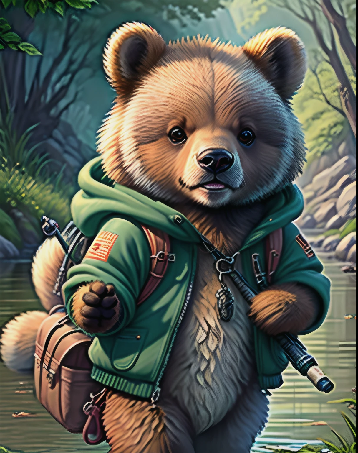 Outstanding picture quality、"Create masterpieces of cute creatures with inspired ultra-detailed concept art. Let your imagination run wild", (Brown Bear), higly detailed, in 8K、Outstanding picture quality、Dressed as a fisherman、You've got a fishing rod with a big fish、