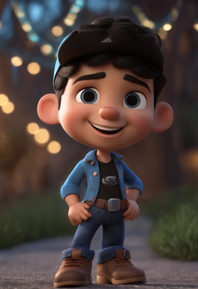 Cartoon character of a smiling child in black shirt and jeans and cap and black boots , dando legal , Blue Eyes Black Hair Animation Character, Caractere estilizado, animation style rendering, 3D estilizado, Arnold Maya render, 3 d render stylized, toon render keyshot, Personagem 3D, Personagem 3D, 3d rendering stylized, 3 d character render, personagem de desenho animado, Personagem de close up, Pose de personagem, (Estilo Pixar) (master part:1.2) (Bokeh) (melhor qualidade) (pele detalhada) (textura detalhada) (8k) (argila) (Cinematic lighting) (foco nítido