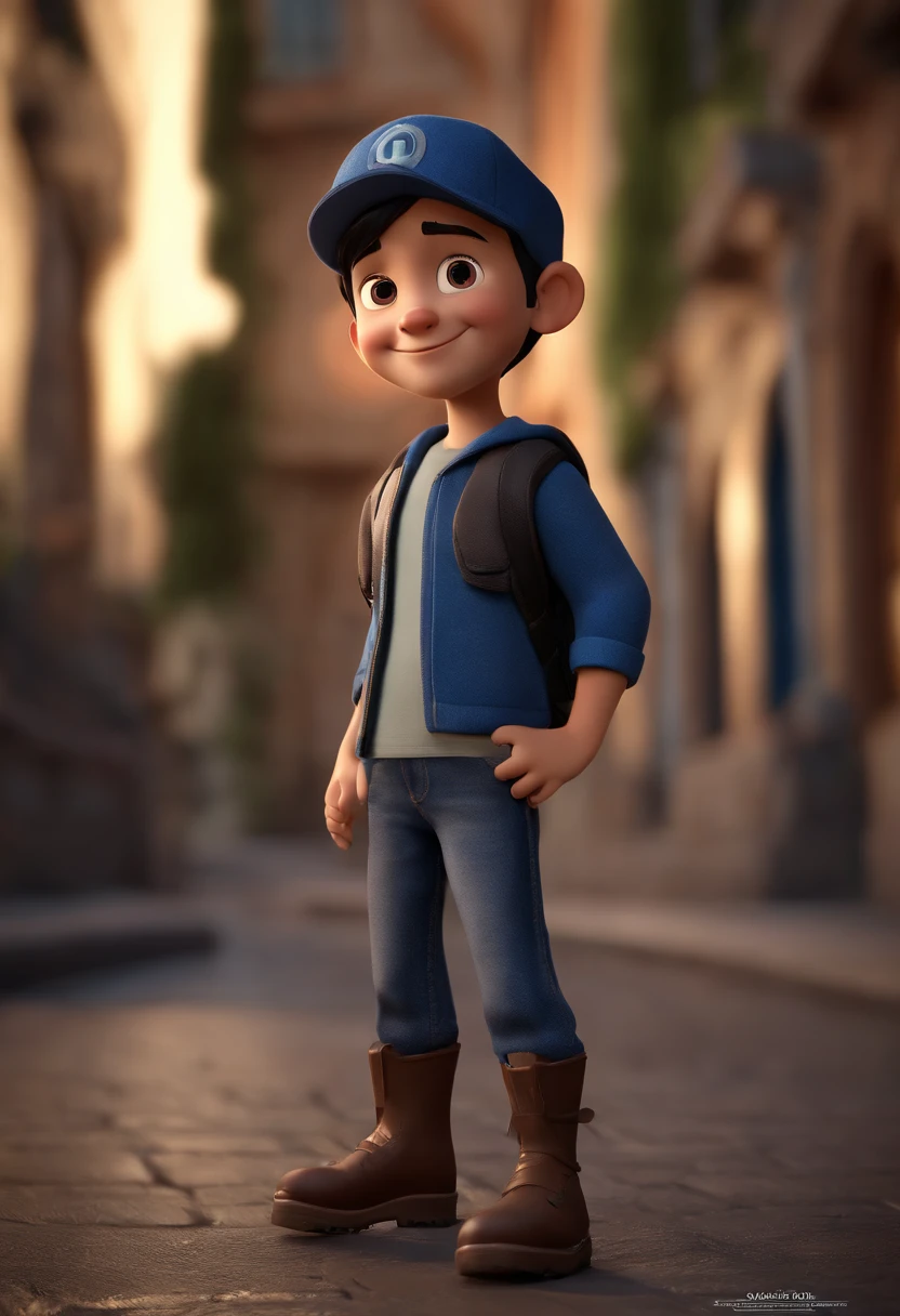 Cartoon character of a smiling child in black shirt and jeans and cap and black boots , dando legal , Blue Eyes Black Hair Animation Character, Caractere estilizado, animation style rendering, 3D estilizado, Arnold Maya render, 3 d render stylized, toon render keyshot, Personagem 3D, Personagem 3D, 3d rendering stylized, 3 d character render, personagem de desenho animado, Personagem de close up, Pose de personagem, (Estilo Pixar) (master part:1.2) (Bokeh) (melhor qualidade) (pele detalhada) (textura detalhada) (8k) (argila) (Cinematic lighting) (foco nítido