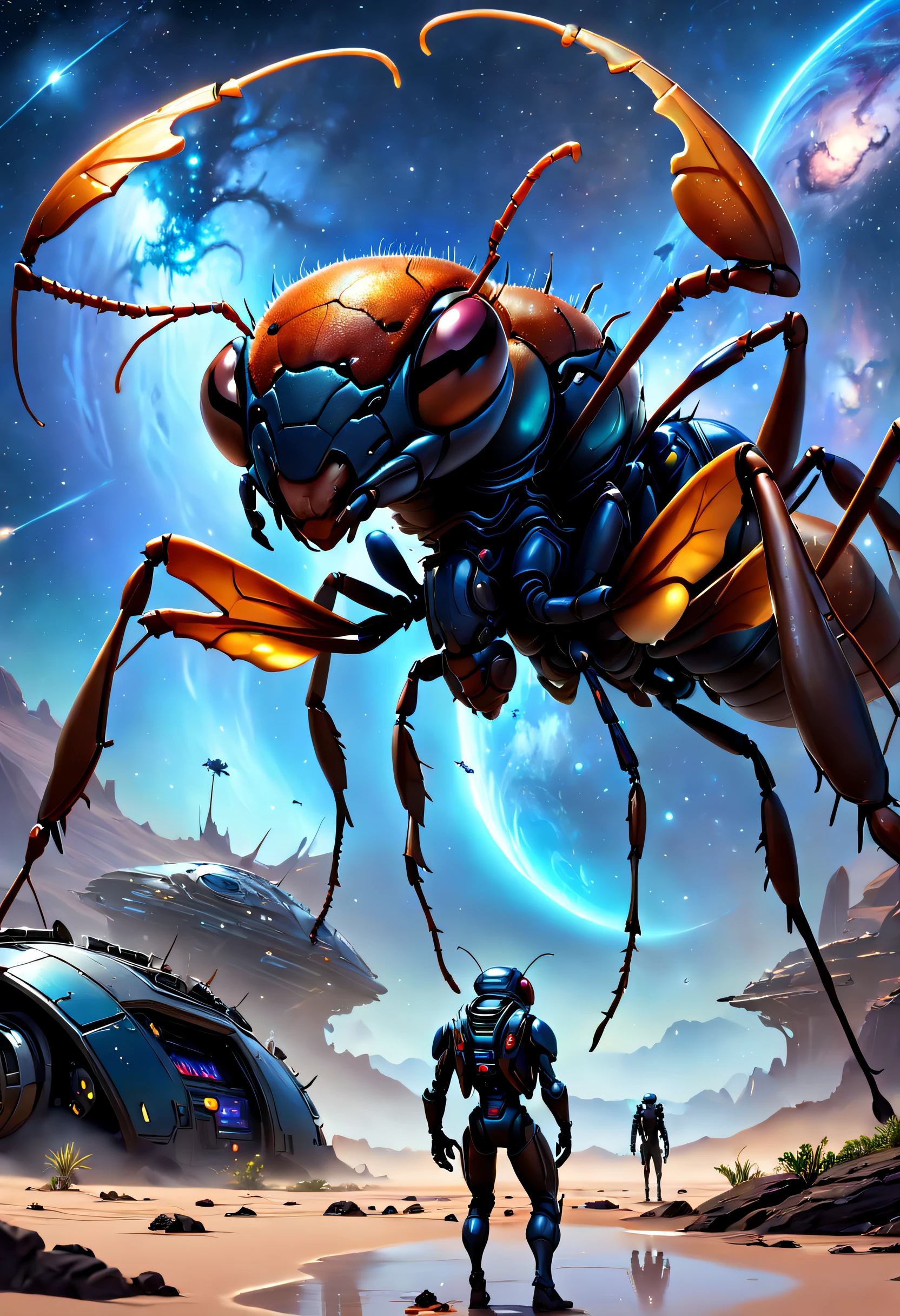 (Best quality, 4K, 8K, A high resolution, Masterpiece:1.2), Ultra-detailed, (Realistic, Photorealistic, photo-realistic:1.37)，A giant ant breaks into the galaxy，Meticulous giant ants，As big as a planet，ultra-realistic realism，Epic dreams，Beautiful sci-fi art,science fiction digital art,Futuristic starry sky background，Beautiful sci-fi art, Science-fi digital art illustration, Digital cyberpunk art, science fiction digital painting, futuristic digital painting, futuristic concept art, In front of the sci-fi starry sky landscape, science fiction digital art, Advanced digital cyberpunk art, Fantastic cyberpunk ants