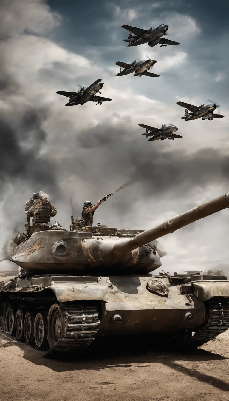 best quality, highres, realistic, detailed tank and landscape, vintage war photography style, dramatic lighting, war-torn background, black and white, captured moment, intense atmosphere, billowing smoke, soldiers on the ground, aerial view, historical accuracy, precise details, smoke-filled skies, epic scale, war machinery, industrial aesthetics, brave pilots, ominous clouds, sense of urgency, vintage warplanes, metal framework, militaristic, long shadows, commanding presence