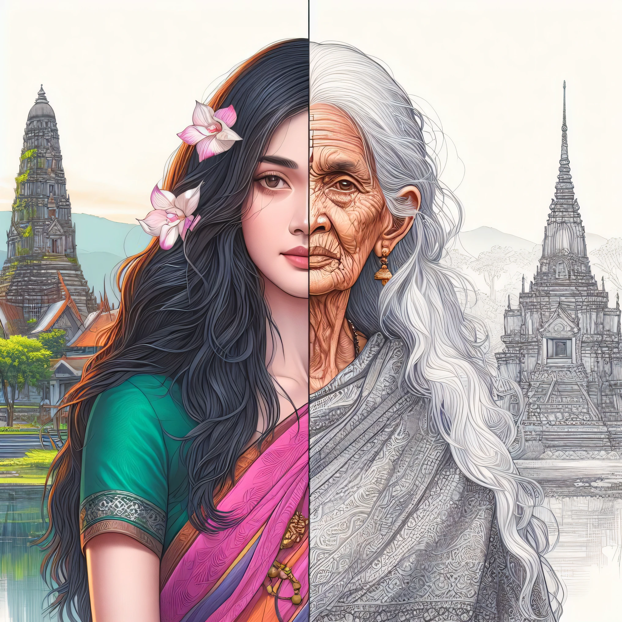 painting of a woman with long hair and a temple in the background, thailand art, a beautiful artwork illustration, beautiful artwork, beautiful digital artwork, stunning artwork, amazing artwork, asian hyperdetailed, epic portrait illustration, detailed portraits, beautiful drawing style, stunning digital illustration, beautiful depiction, beautiful illustration, highly detailed portrait, extremely detailed portrait, great digital art with details