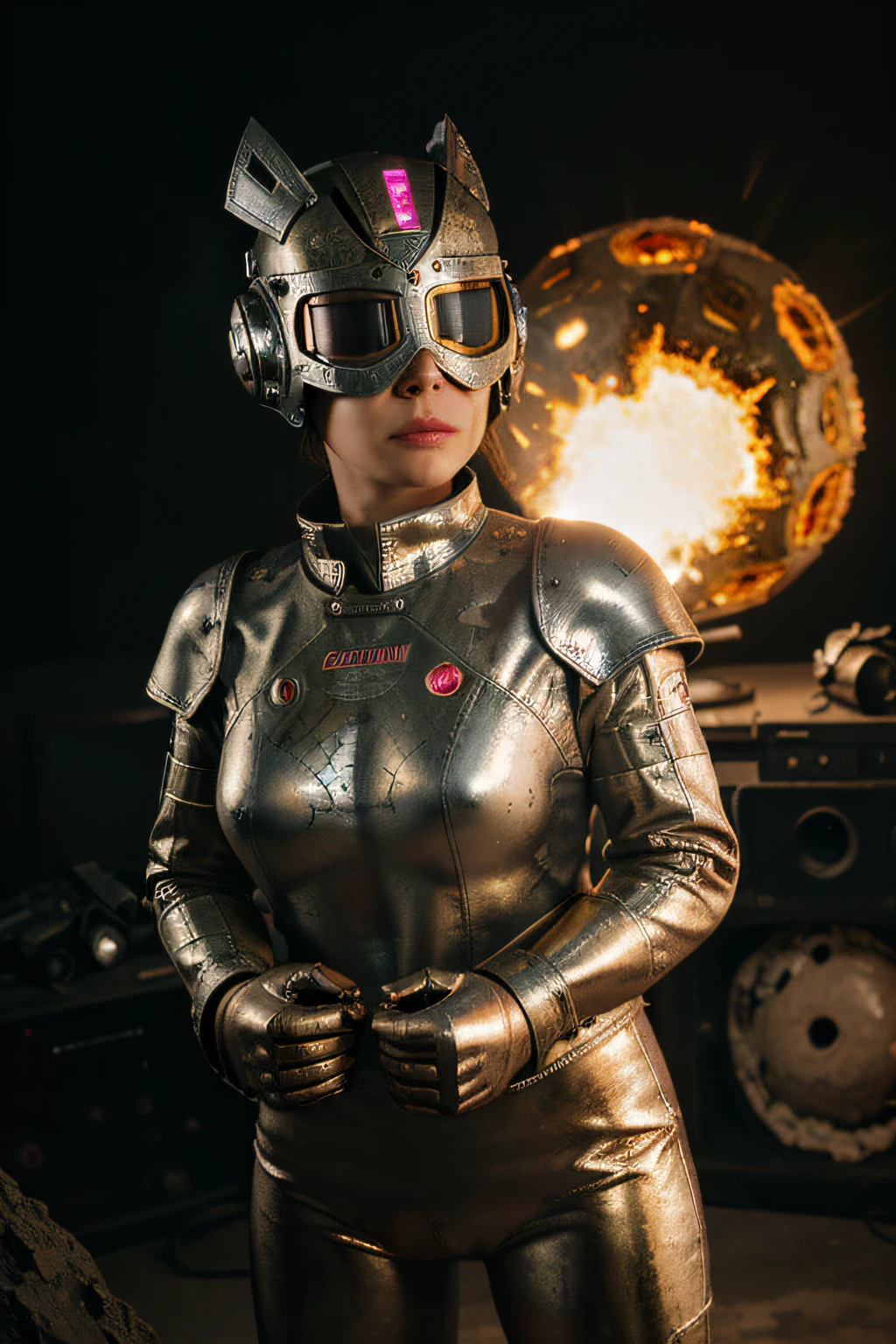A toon Crazy whit a Big ONE a Only Eye Robot CCCP Soviet, and helmet Style, tongs in hands, Tv head, pinhead, camouflage Gold Silver Pink Rusty, Ambient in a meteorite crater super detailed, center, beautiful, soft lighting, focused on the character, 4K resolution, photorealistic rendering,