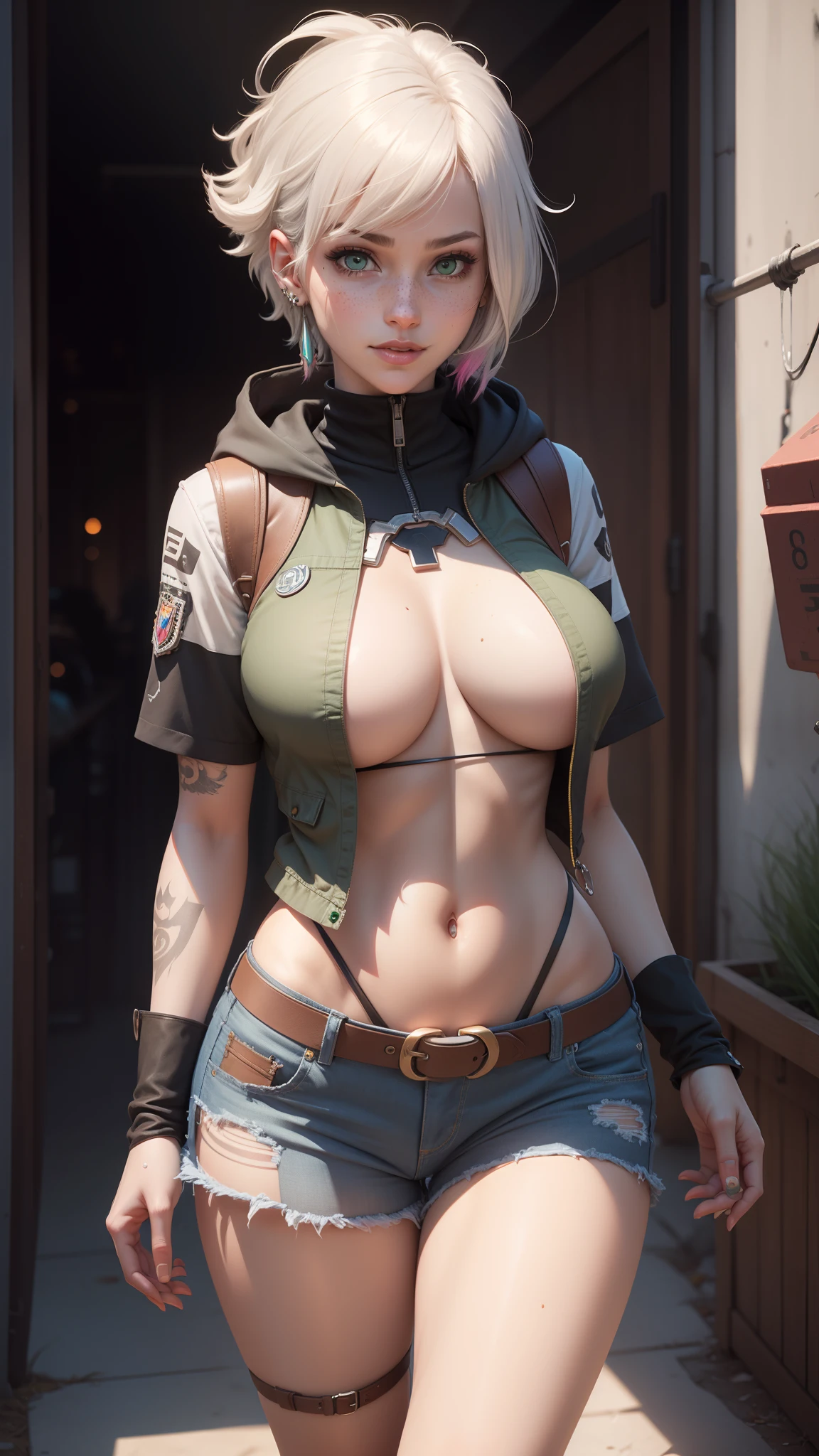 gwen tennyson,tracer,y'shtola rhul,yorha 2b,overwatch,nier automata,mech pilot,cow farm,tattoos,orange and pink plugsuit,short sleeve cat keyhole top,denim micro shorts,uncovered belly,short hair,punk makeup,green eyes,multicolored silver hair,sexy smile,freckles,beautiful girl,large breasts,8k,ultra detailed,realistic,fantasy art,ear piercings,rancher uniform,saiyan girl,cowboy hoodie vest,cowboy belt,hay field,walking,goth necklace,wet body,
