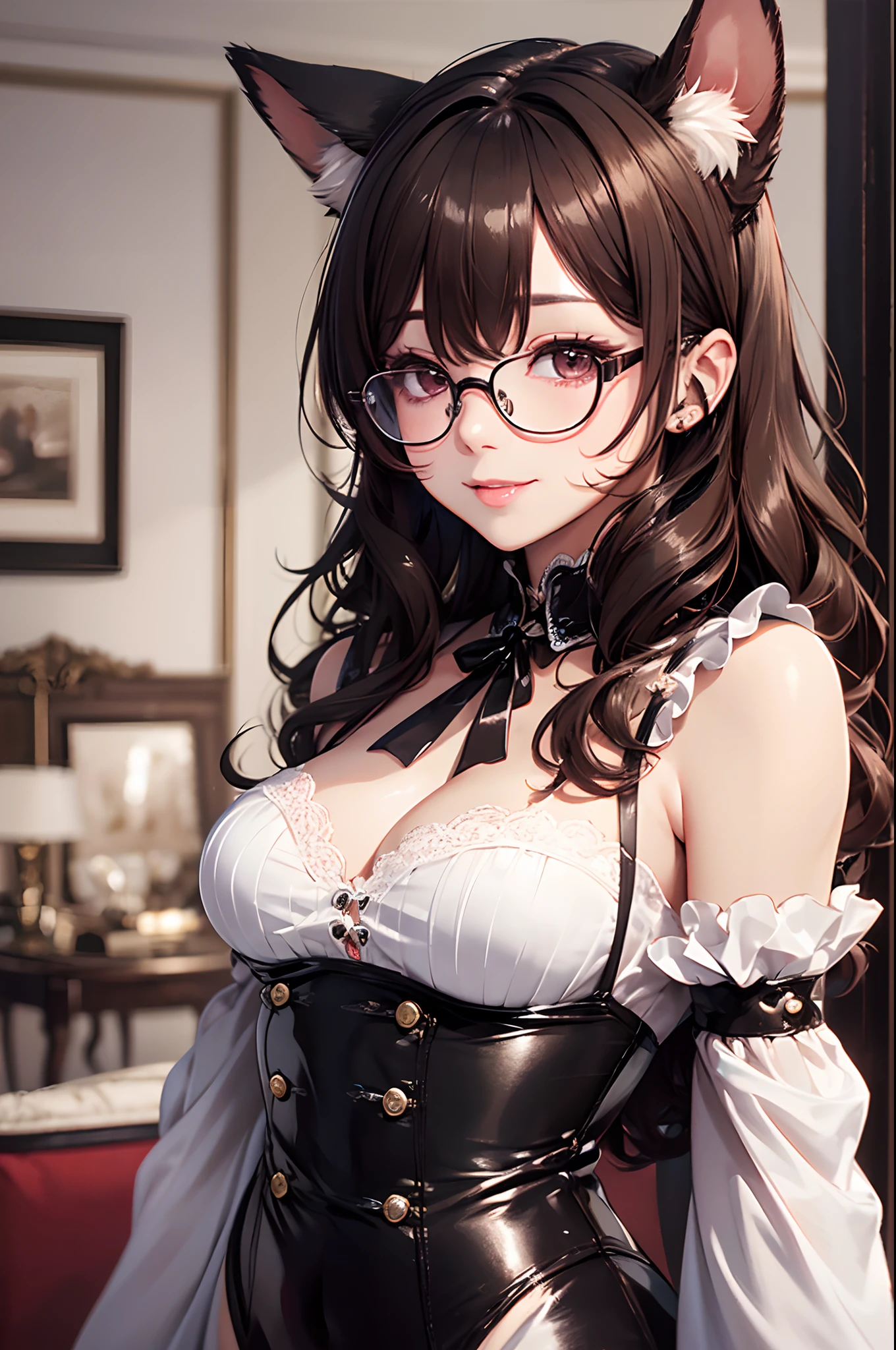 16K Ultra High Definition
Super Detailed
Masterpiece
Glossy and detailed hair
Beautiful human woman with long brown hair、There are no human ears
Super Big Beautiful、Maid Outfit
Dog Ears
Glossy skin
Red cheeks
Moist eyes and an embarrassed expression
Wearing glasses
Seduce with a bewitching smile
The background is the living room